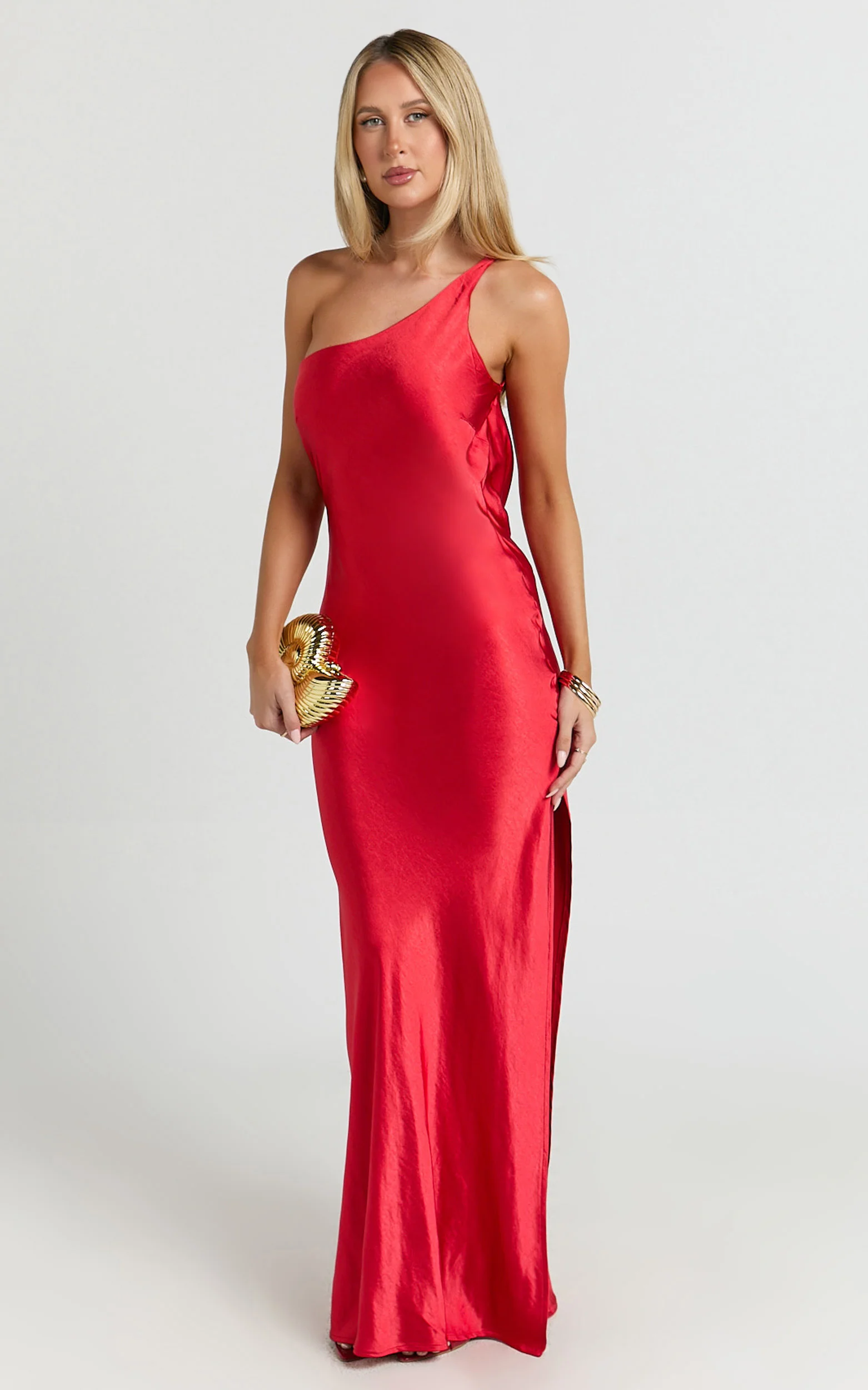 Helga Maxi Dress - Satin One Shoulder Cowl Back Bias Cut Dress in Red