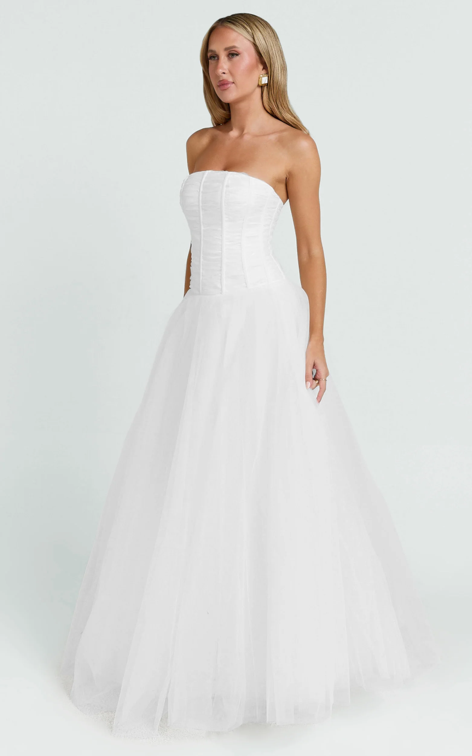 Selene Maxi Dress - Strapless Corset Gathered Skirt Dress in White