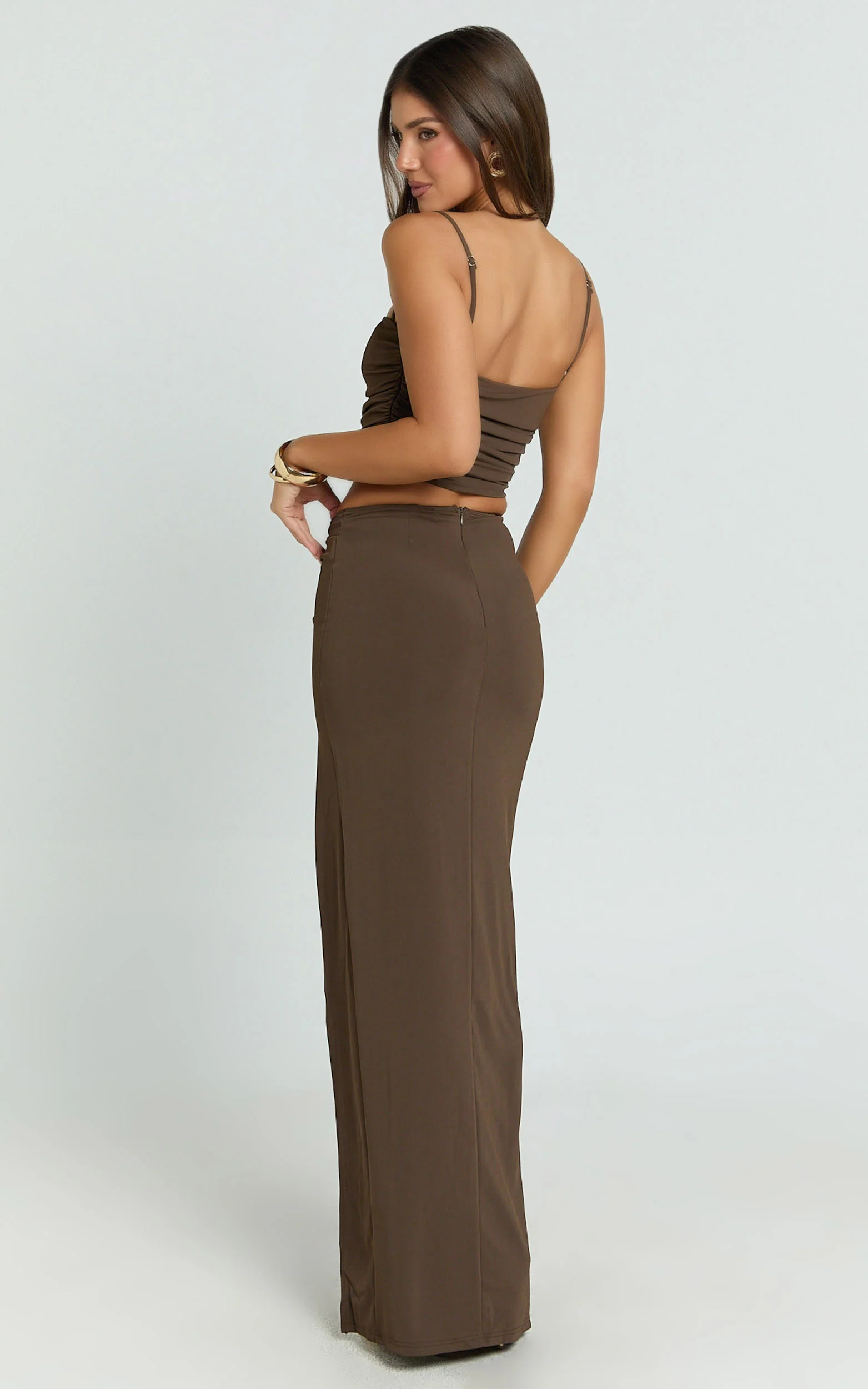 Adalee Two Piece Top and Skirt Set - Square Neck Gold Hardware Detail Top And Low Waist Maxi Skirt in Chocolate