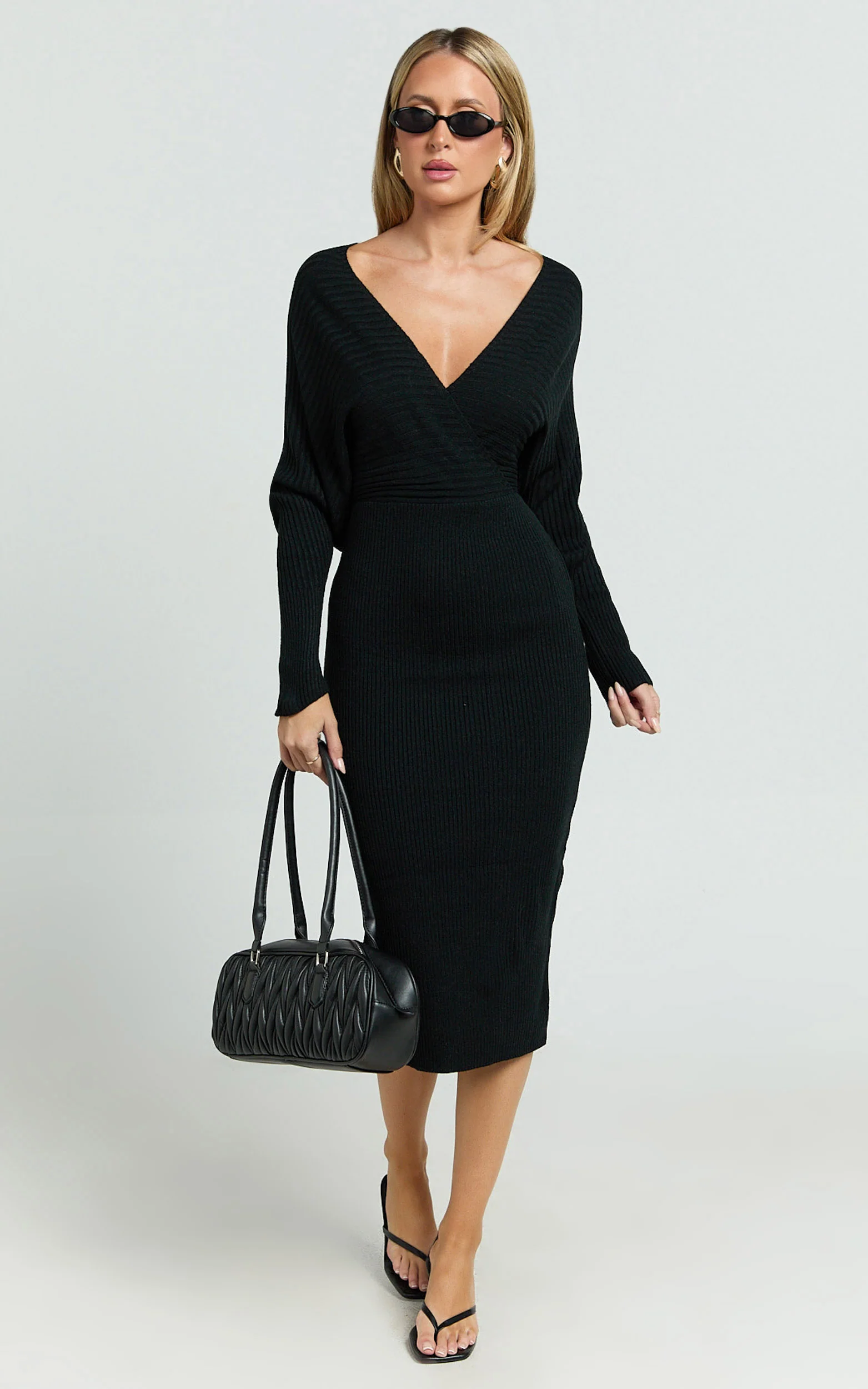 Sheika Midi Dress - Long Sleeve Off Shoulder Knit Dress in Black