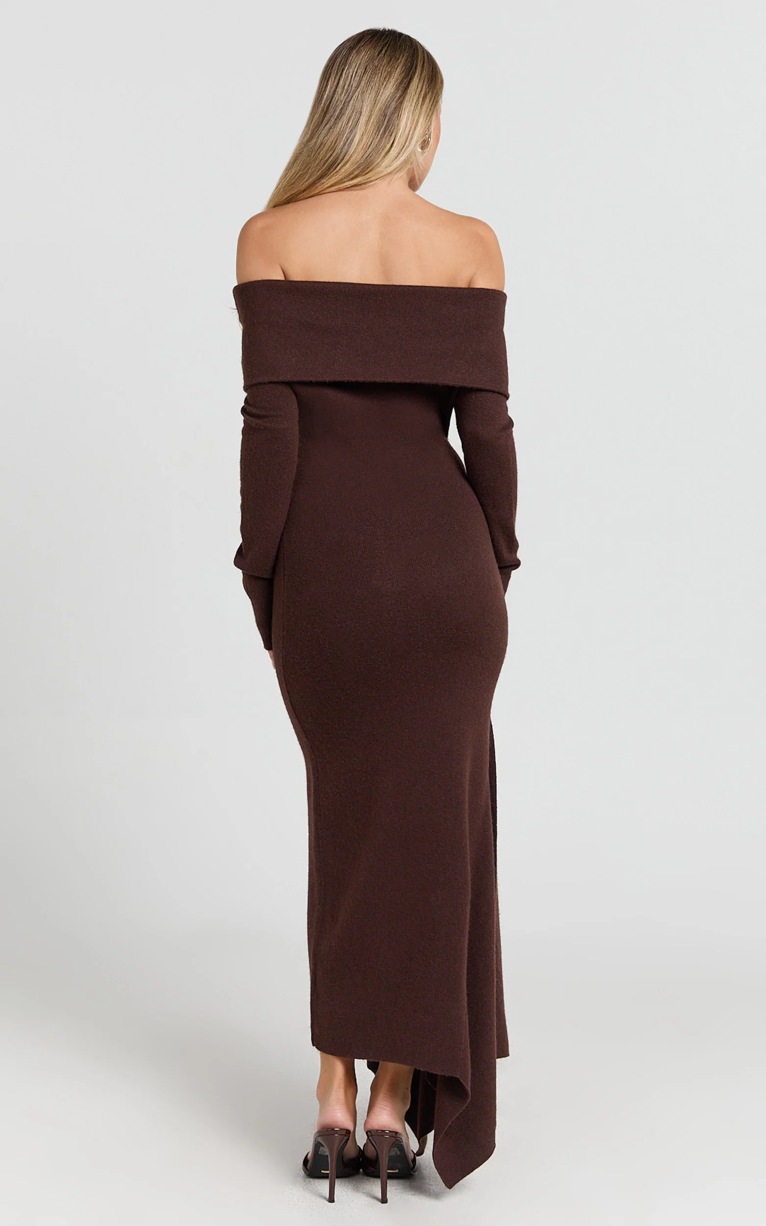 Karina Midi Dress - Long Sleeve Folded Off Shoulder Asymmetric Dress in Chocolate