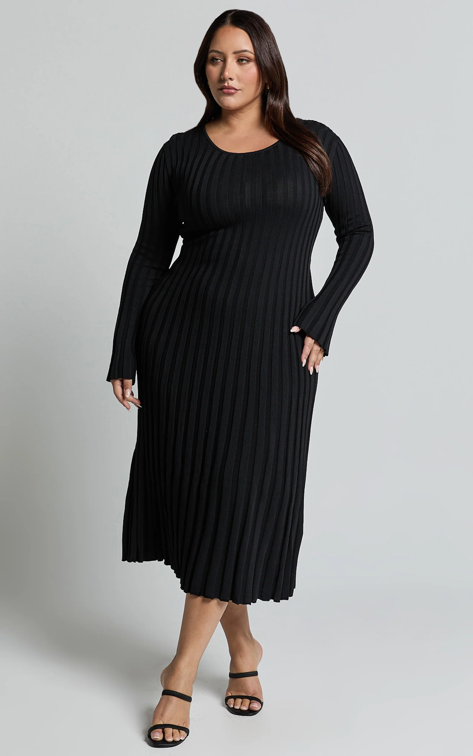 Blaire Midi Dress - Long Sleeve Tie Back Flare Dress in Black