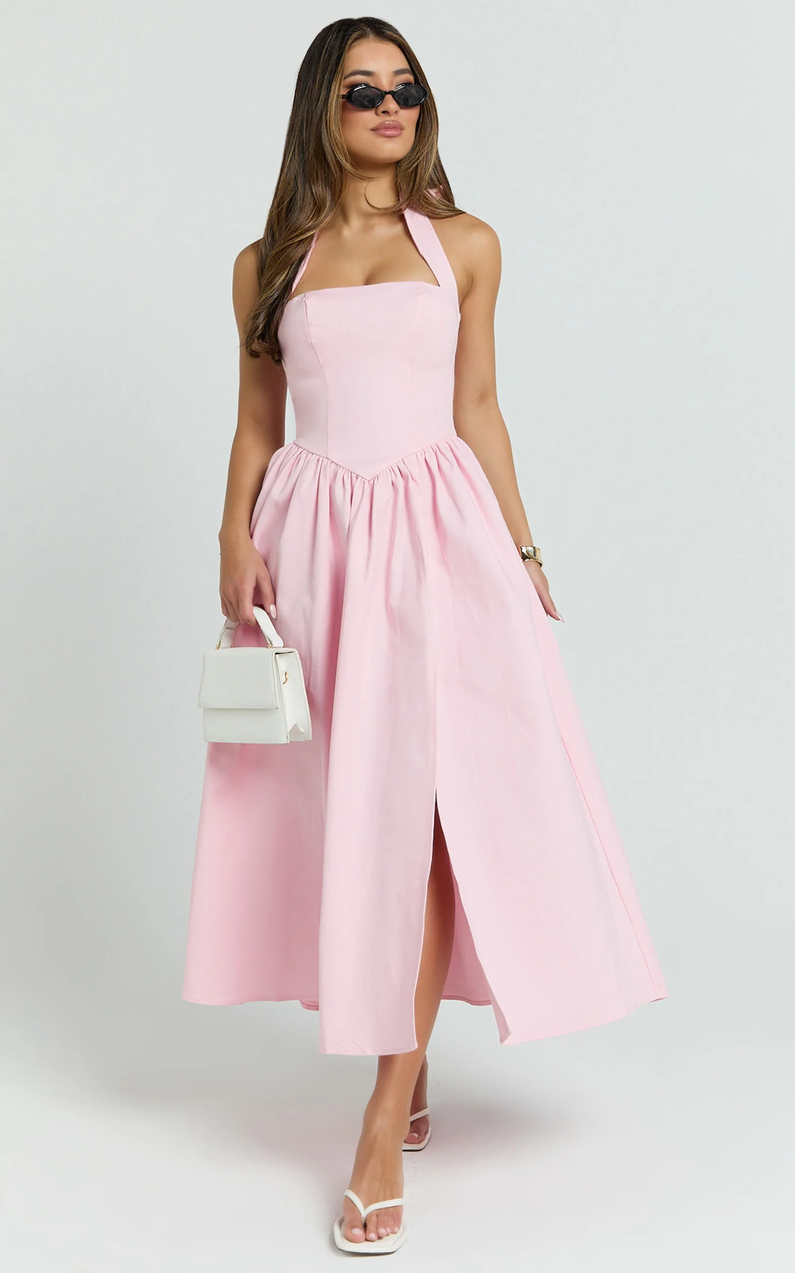 Helda Midi Dress - Halter Tie Neck Corset Panel Dress in Pink