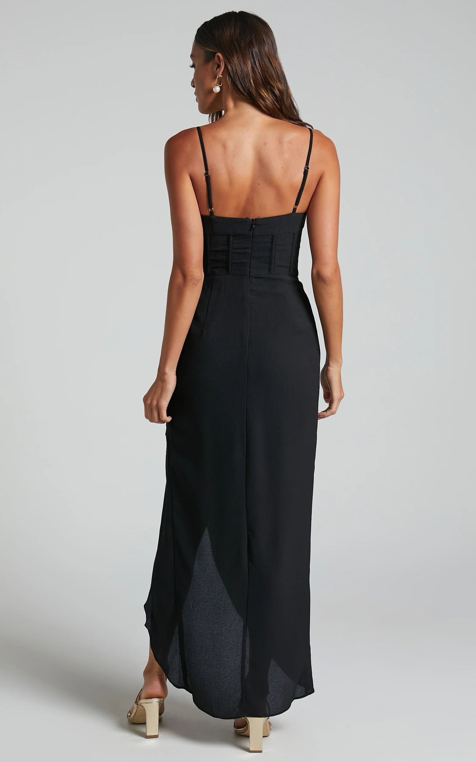 Andrina Midi Dress - High Low Wrap Corset Dress in Black