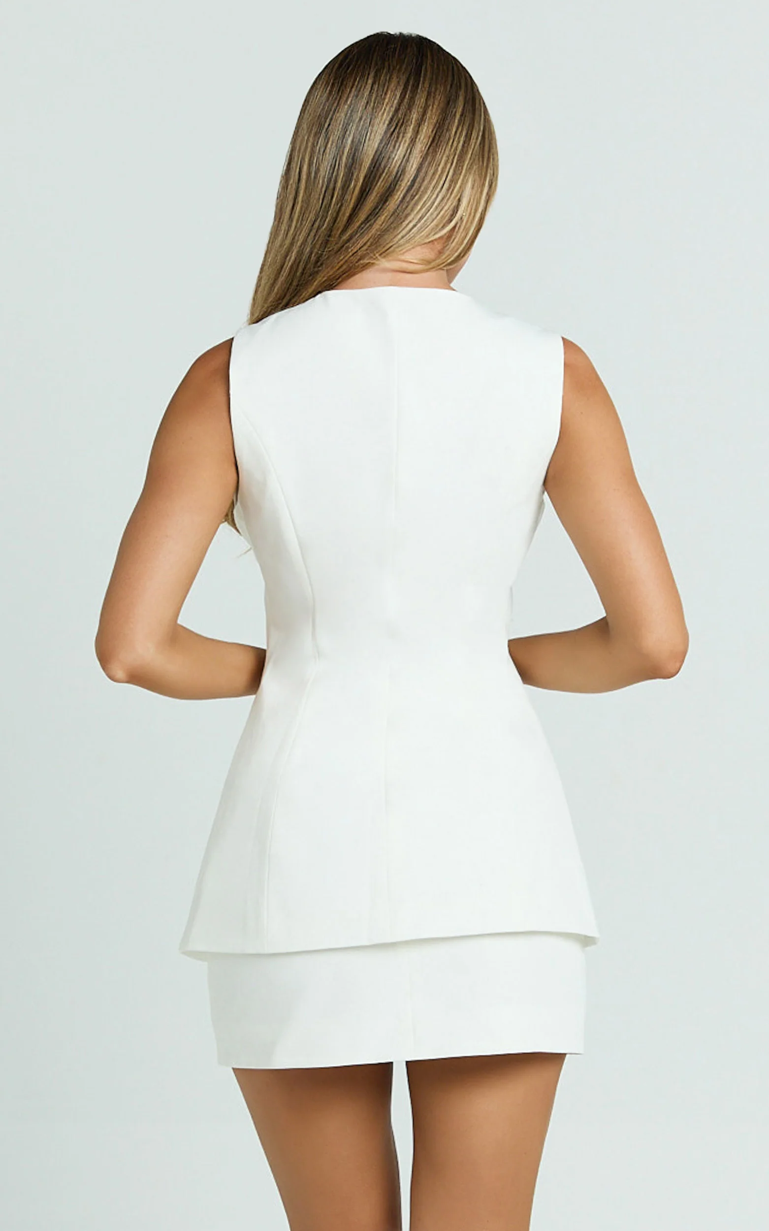 Phyllis Two Piece Set - Tailored Scoop Neck Vest Top and A Line Mini Skirt Set with Gold Buttons in White