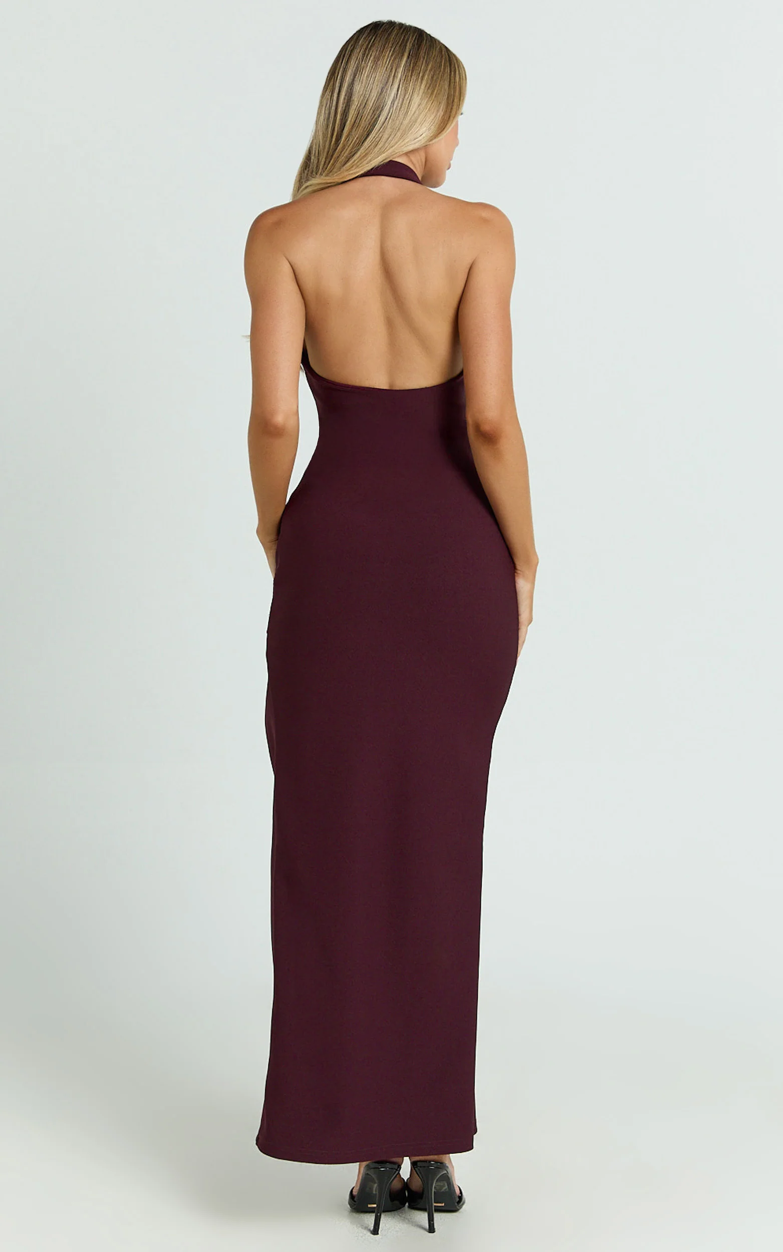 Ruby Maxi Dress - Halter Scoop Neck Low Back Bodycon Dress in Wine