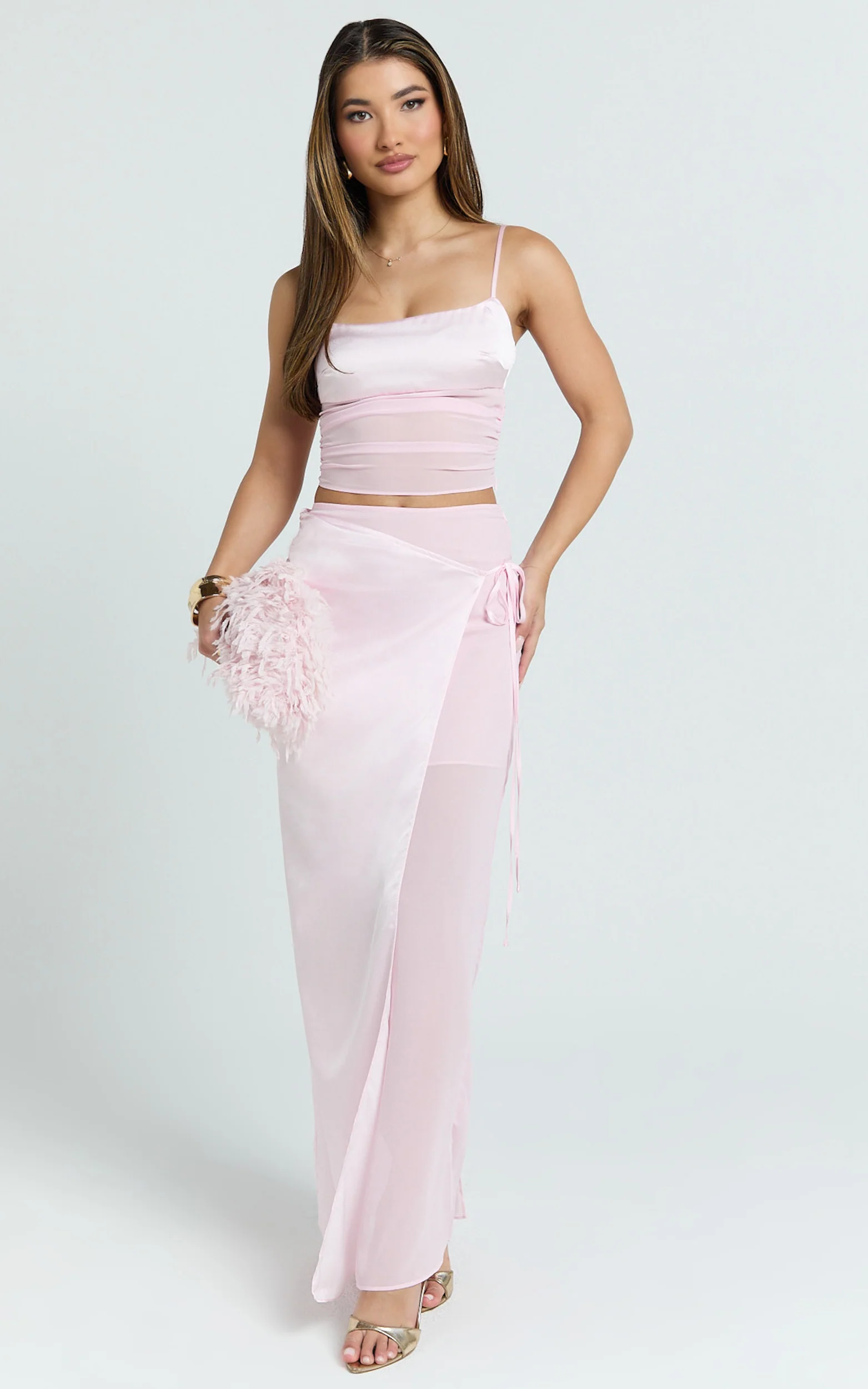 Jordyn Two Piece Top and Skirt Set - Square Neck Cami Top And Maxi Skirt Set in Pink