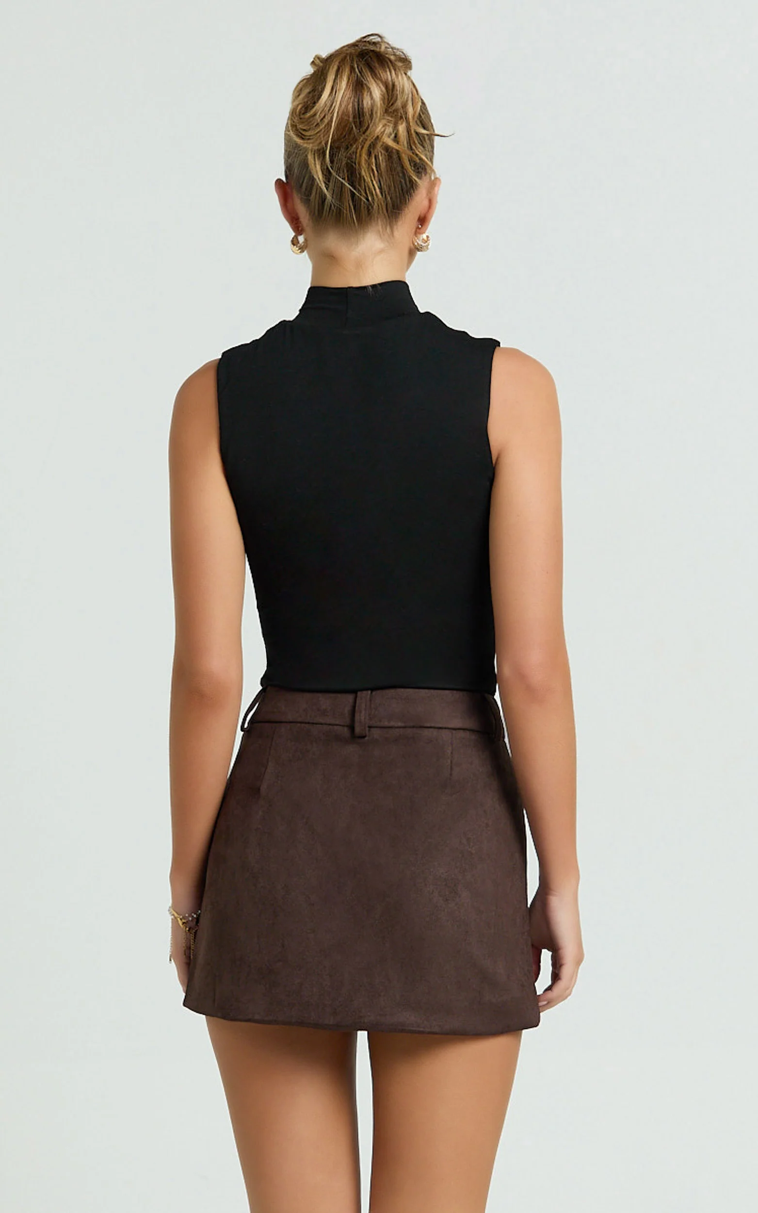 Priscilla Mini Skirt - Mid Waist Faux Suede Skirt in Dark Chocolate