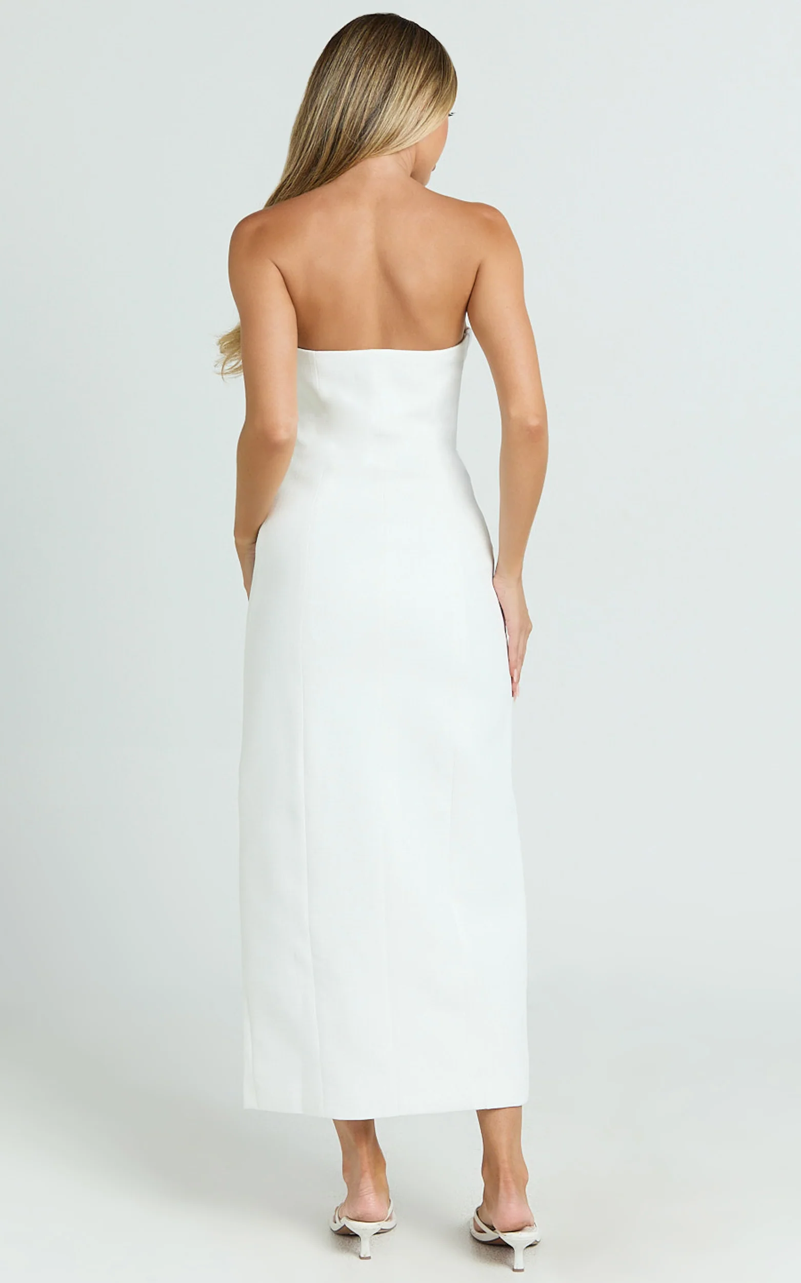 Wilde Midi Dress - Boucle Strapless Button Front Bodycon Dress in White