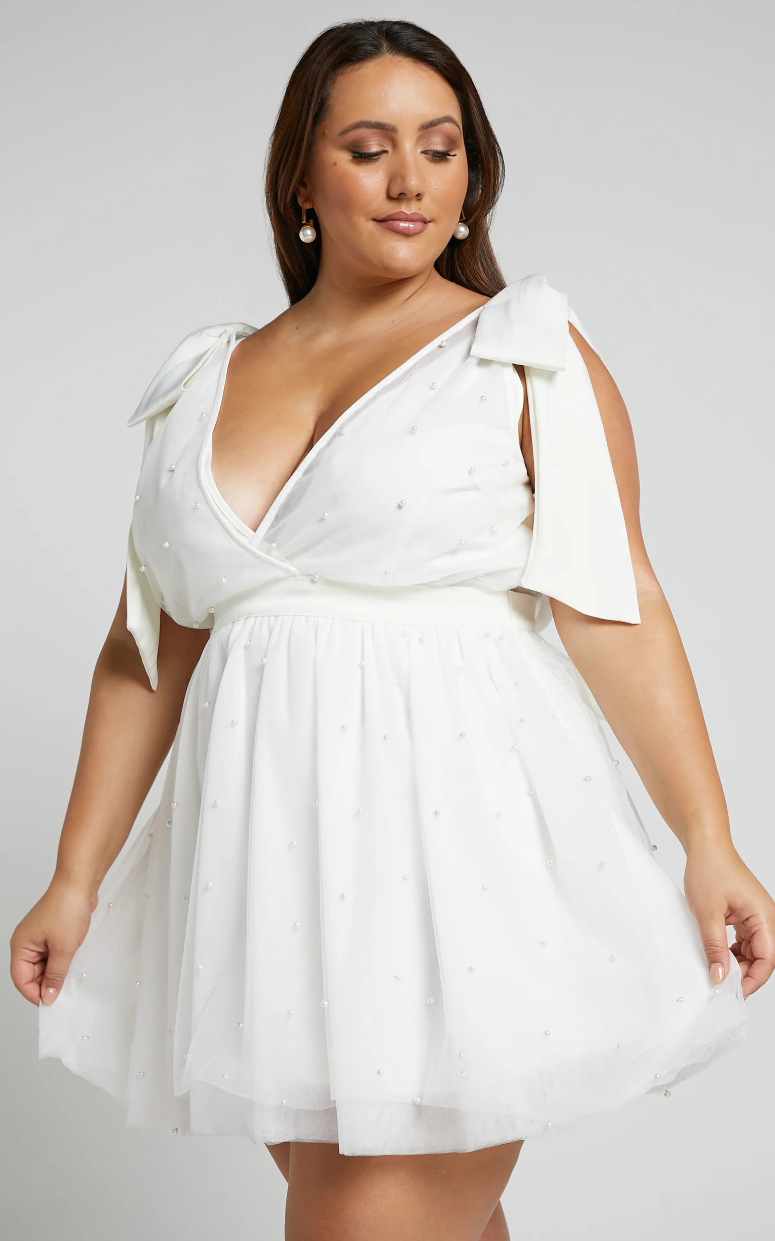 Karalyn Mini Dress - Bow Strap Plunge Pearl Detail Dress in White