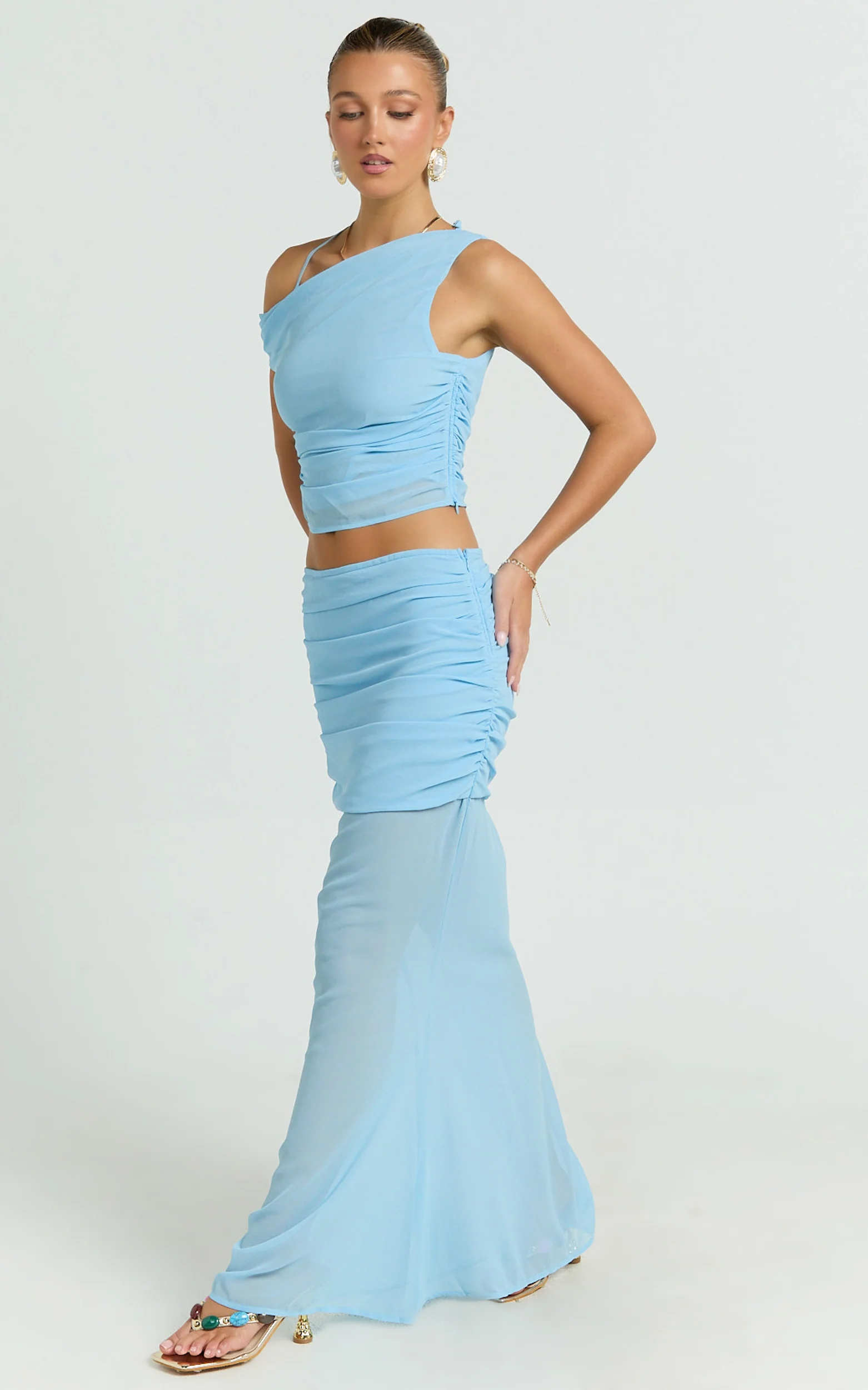 Salma Two Piece Top and Skirt Set - Georgette Asymmetric Top and Fit And Flare Maxi Skirt Set in Sky Blue