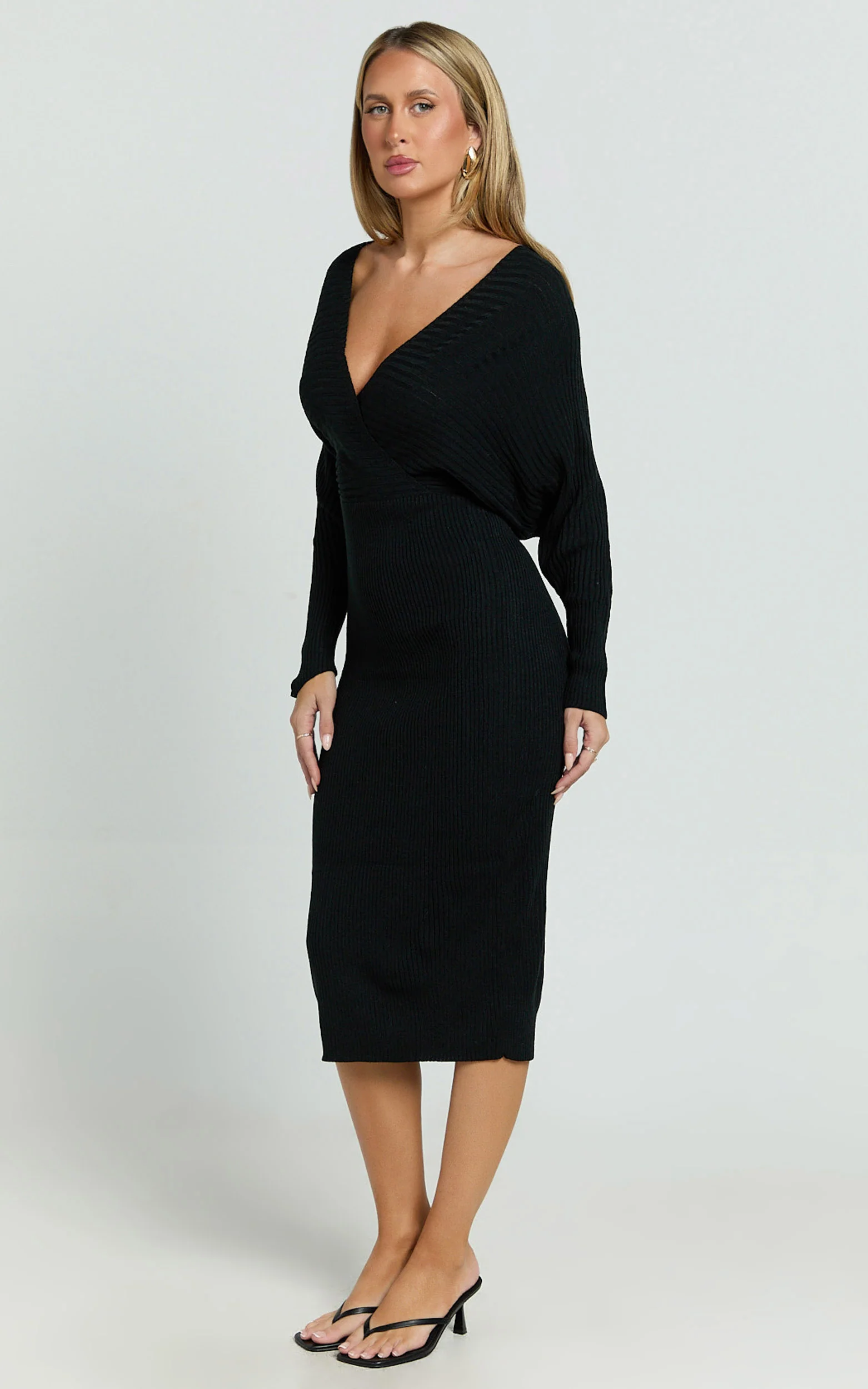 Sheika Midi Dress - Long Sleeve Off Shoulder Knit Dress in Black