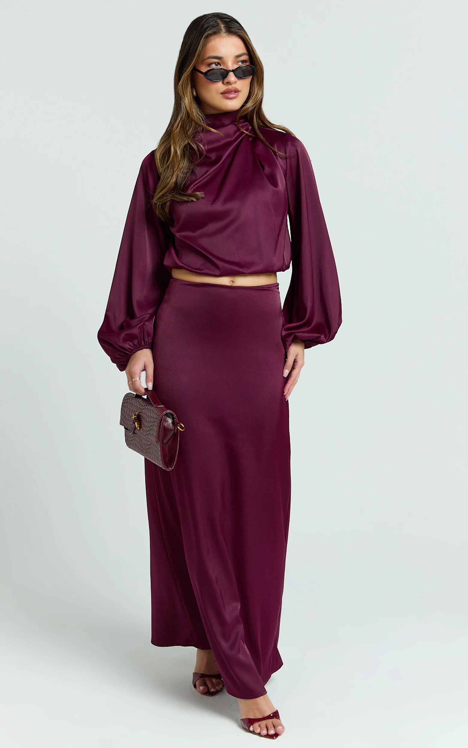 Tessie Two Piece Set - Long Sleeve Hight Neck Top and Maxi Skirt Set in Wine
