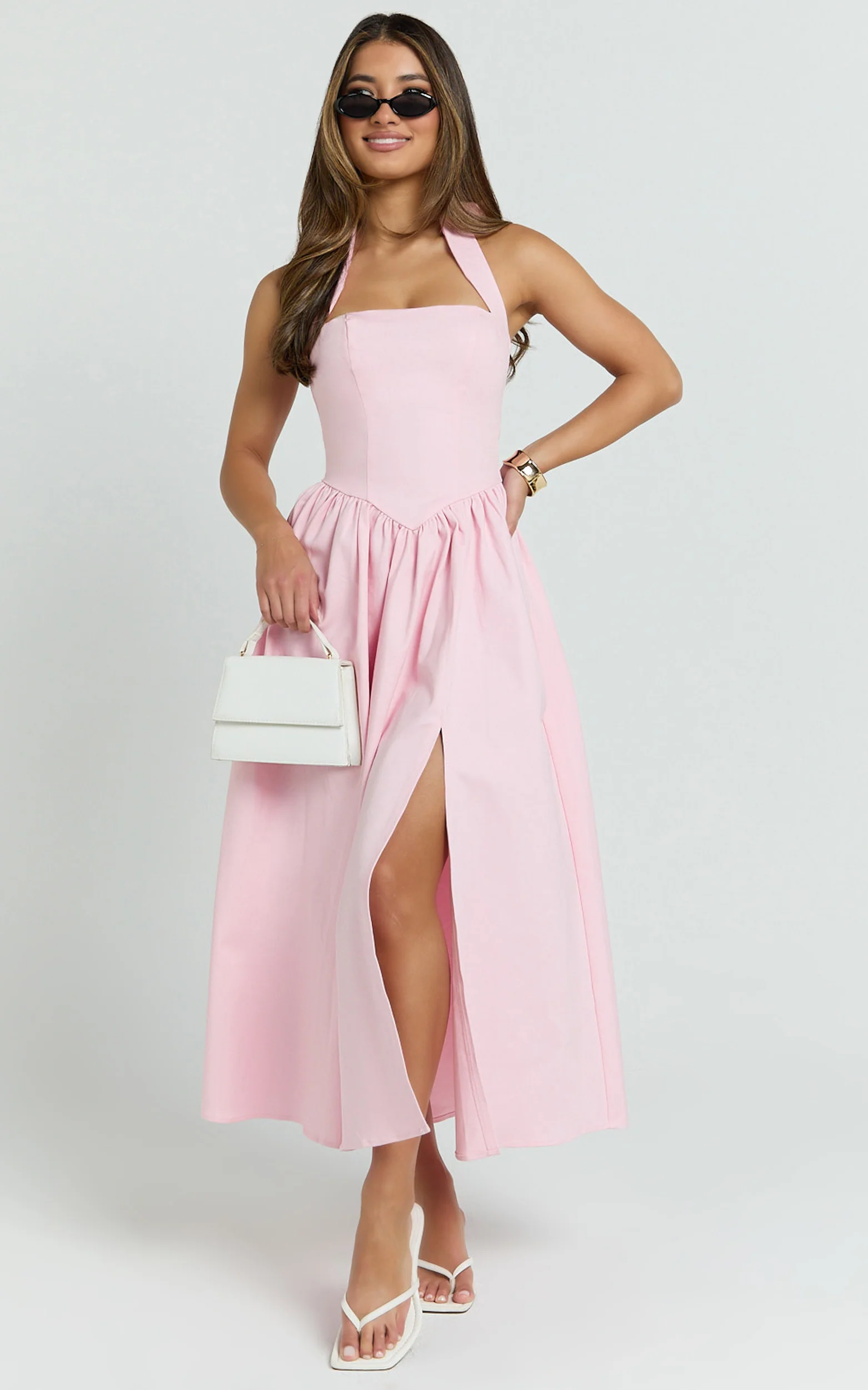 Helda Midi Dress - Halter Tie Neck Corset Panel Dress in Pink