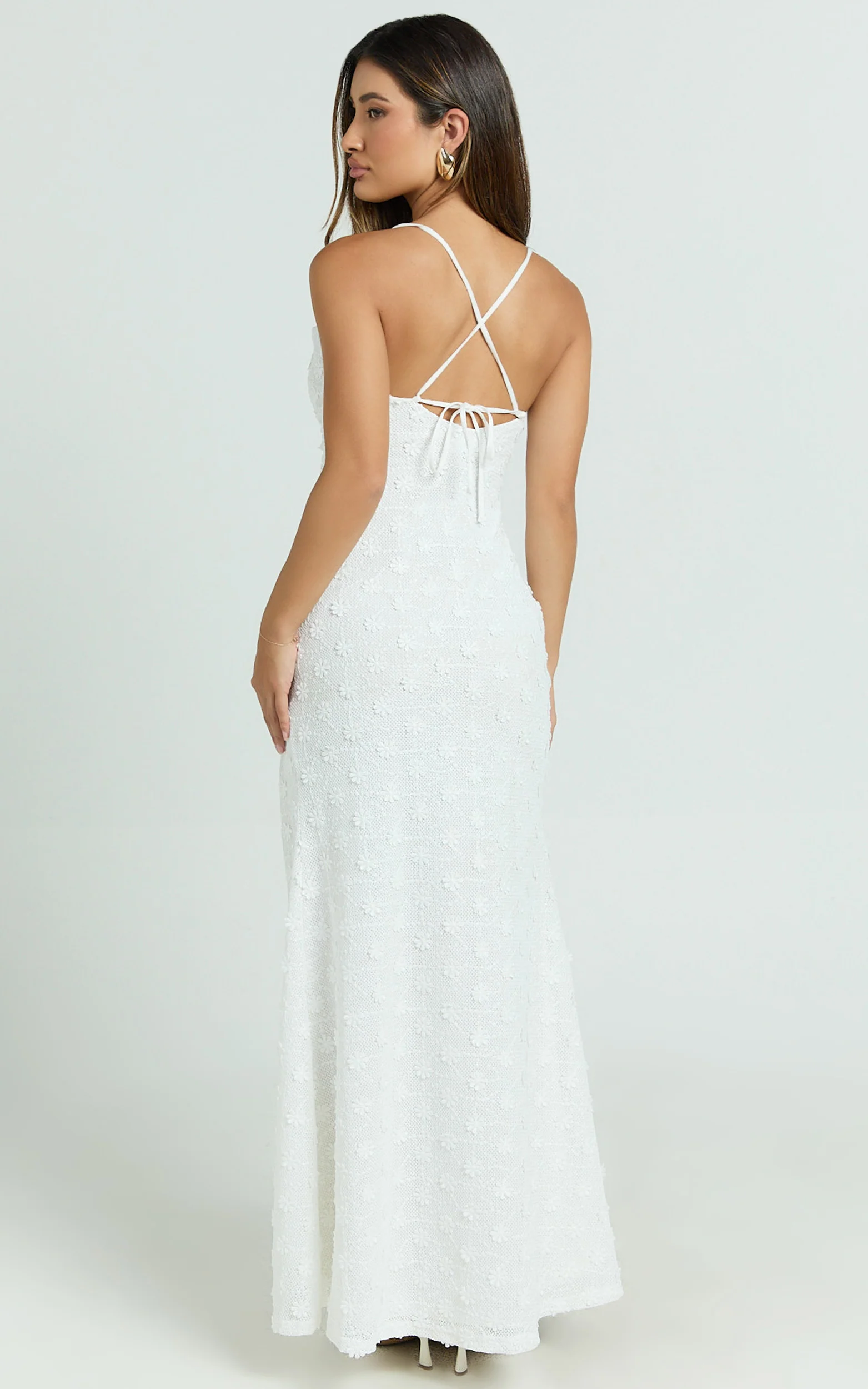Mimi Maxi Dress - Embroidered Cowl Neck High Split Dress in White