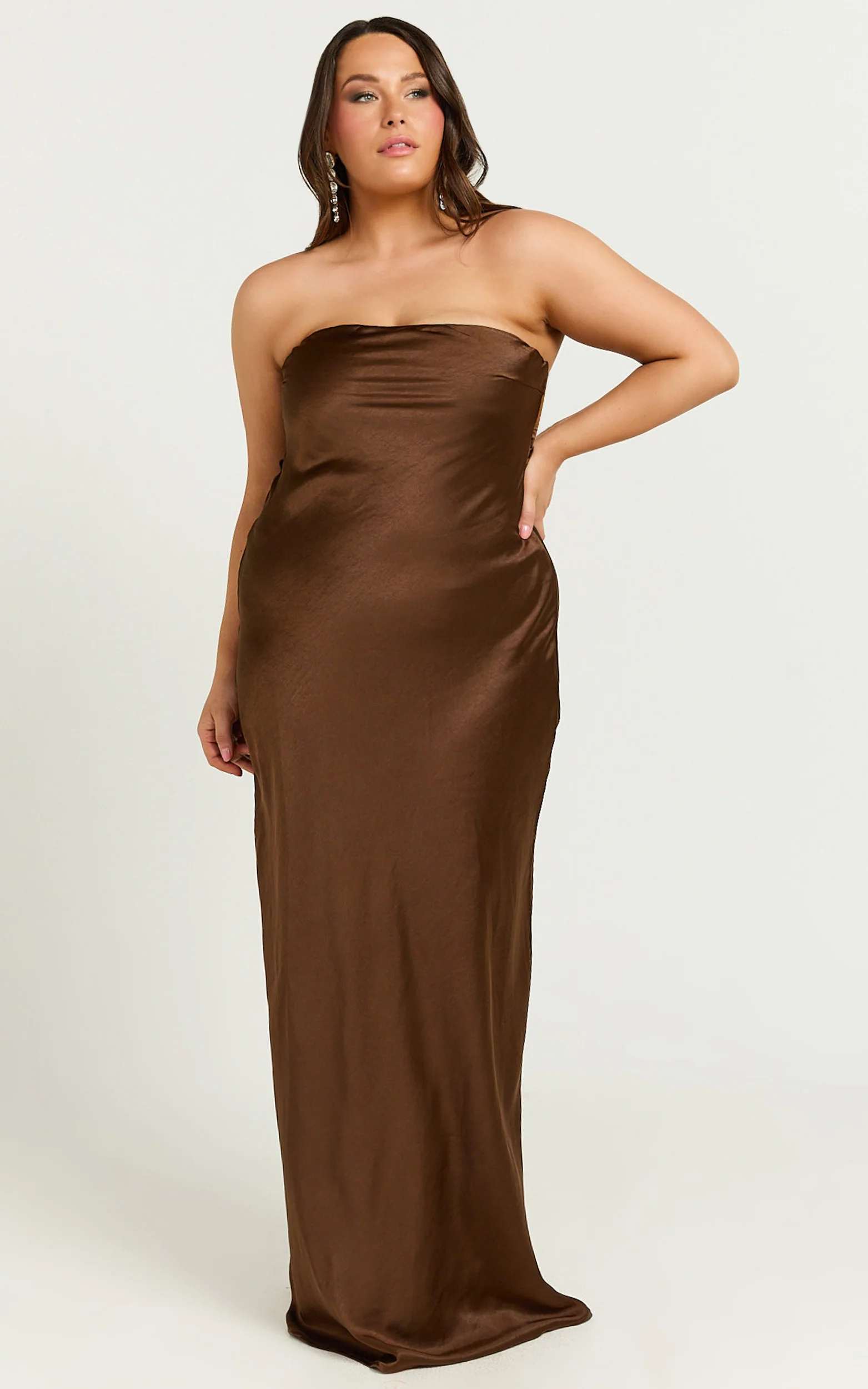 Charlita Maxi Dress - Strapless Cowl Back Satin Dress in Chocolate