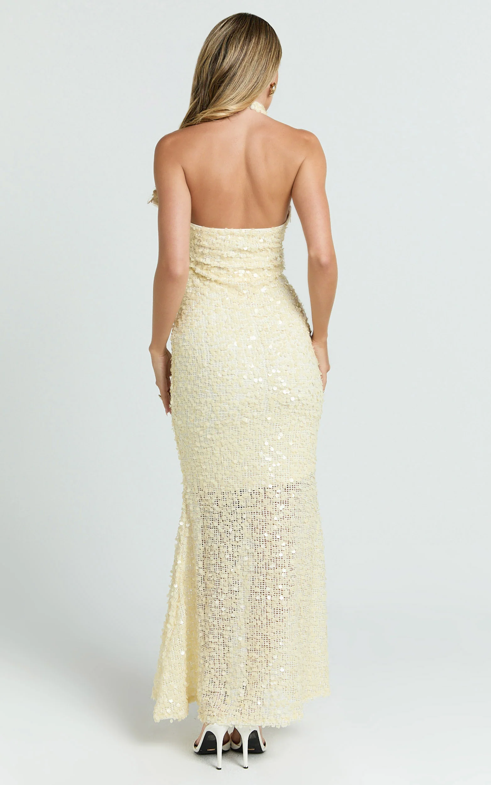 Celeste Maxi Dress - Sequin Halter Low Back Dress in Ivory