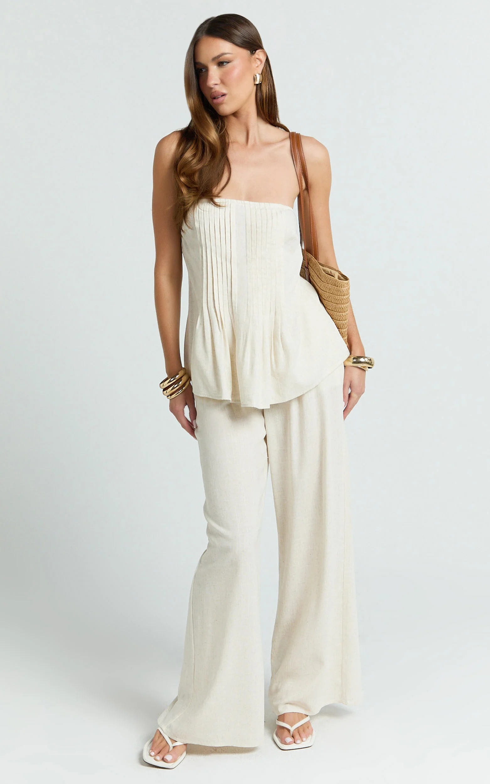 Carli Two Piece Top and Pants Set - Cotton Tube Pant Set in Cream