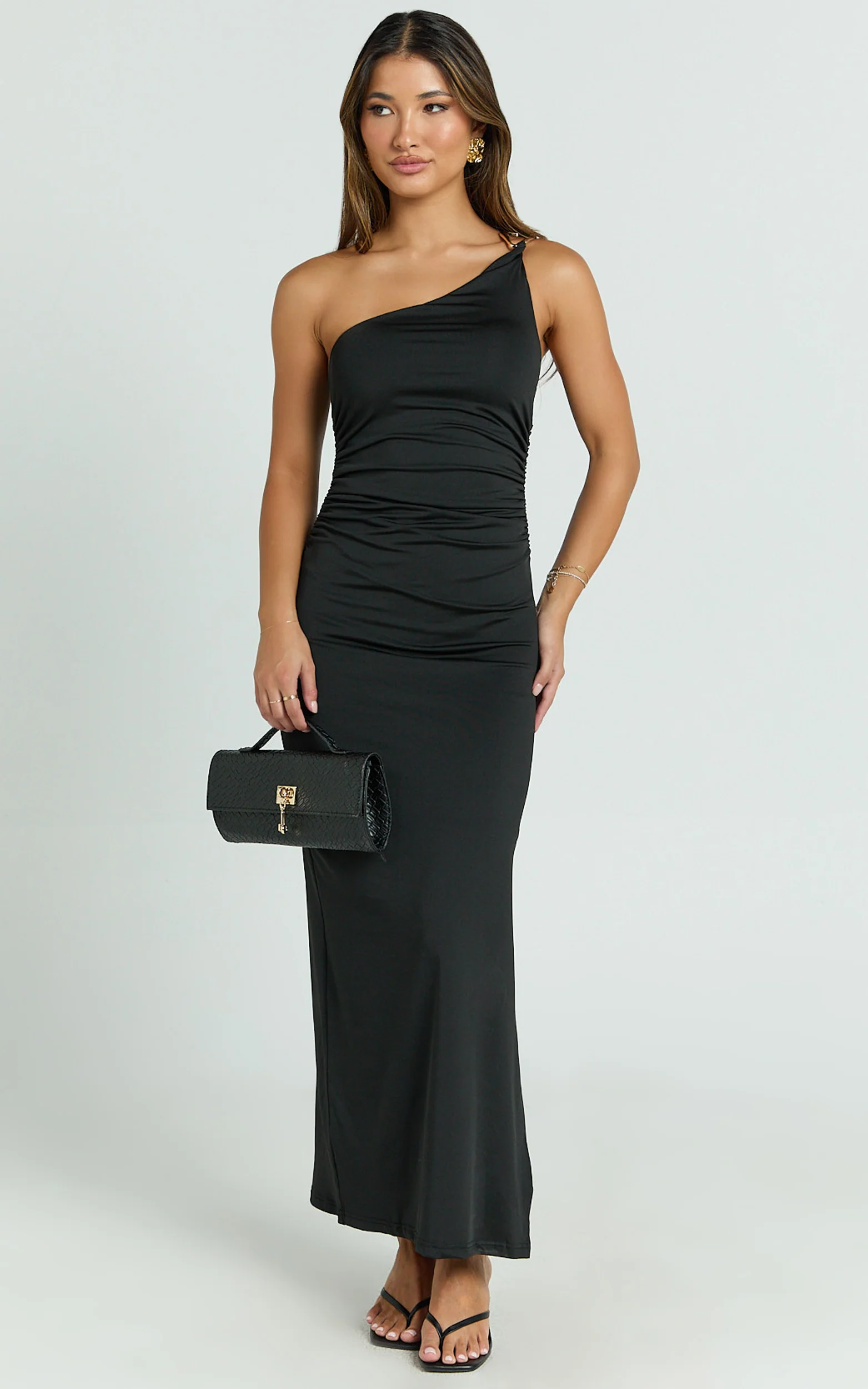 Debbie Maxi Dress - One Shoulder Hardware Detail Dress in Black