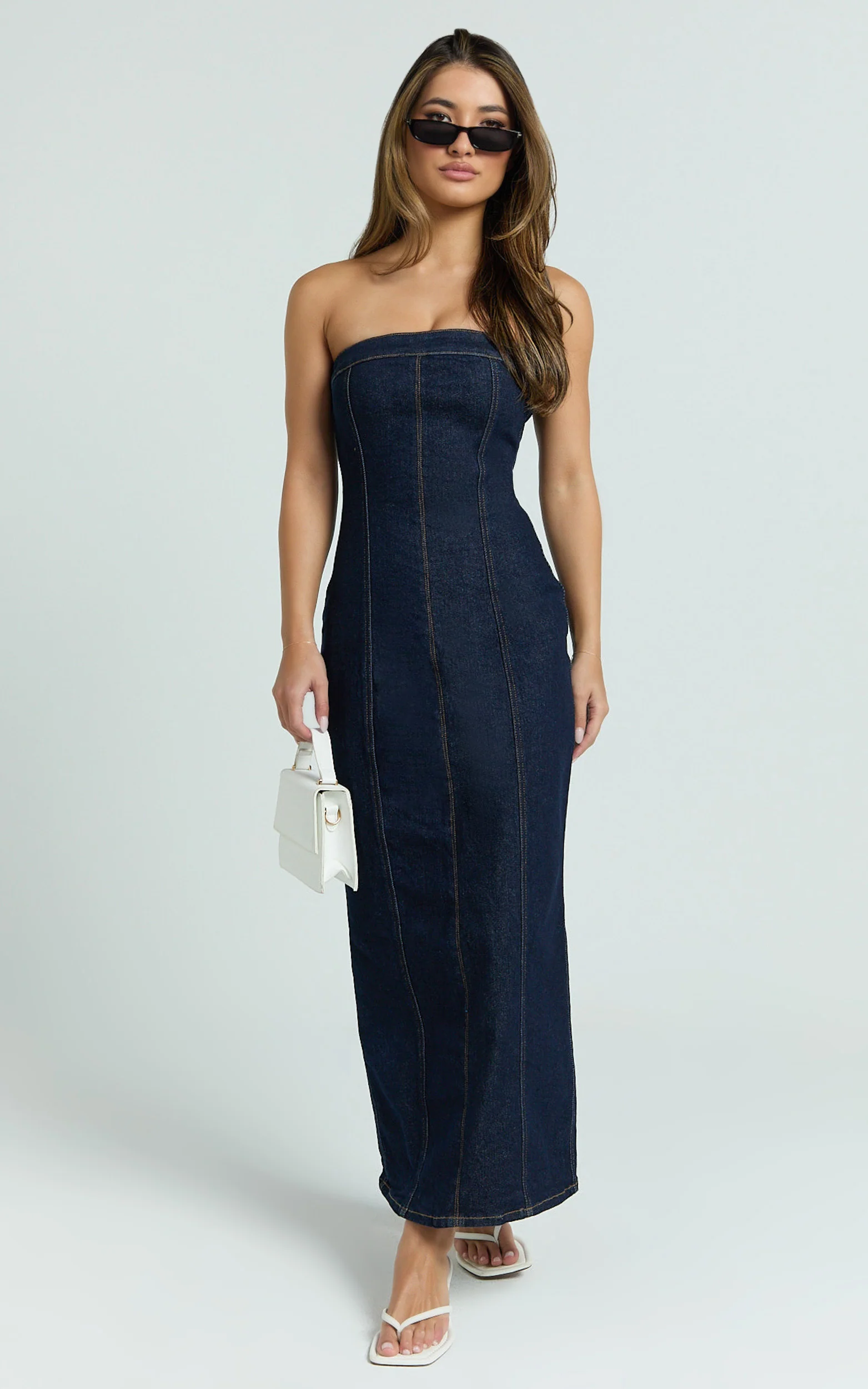 Keziah Maxi Dress - Denim Strapless Bodycon Dress in Indigo Wash