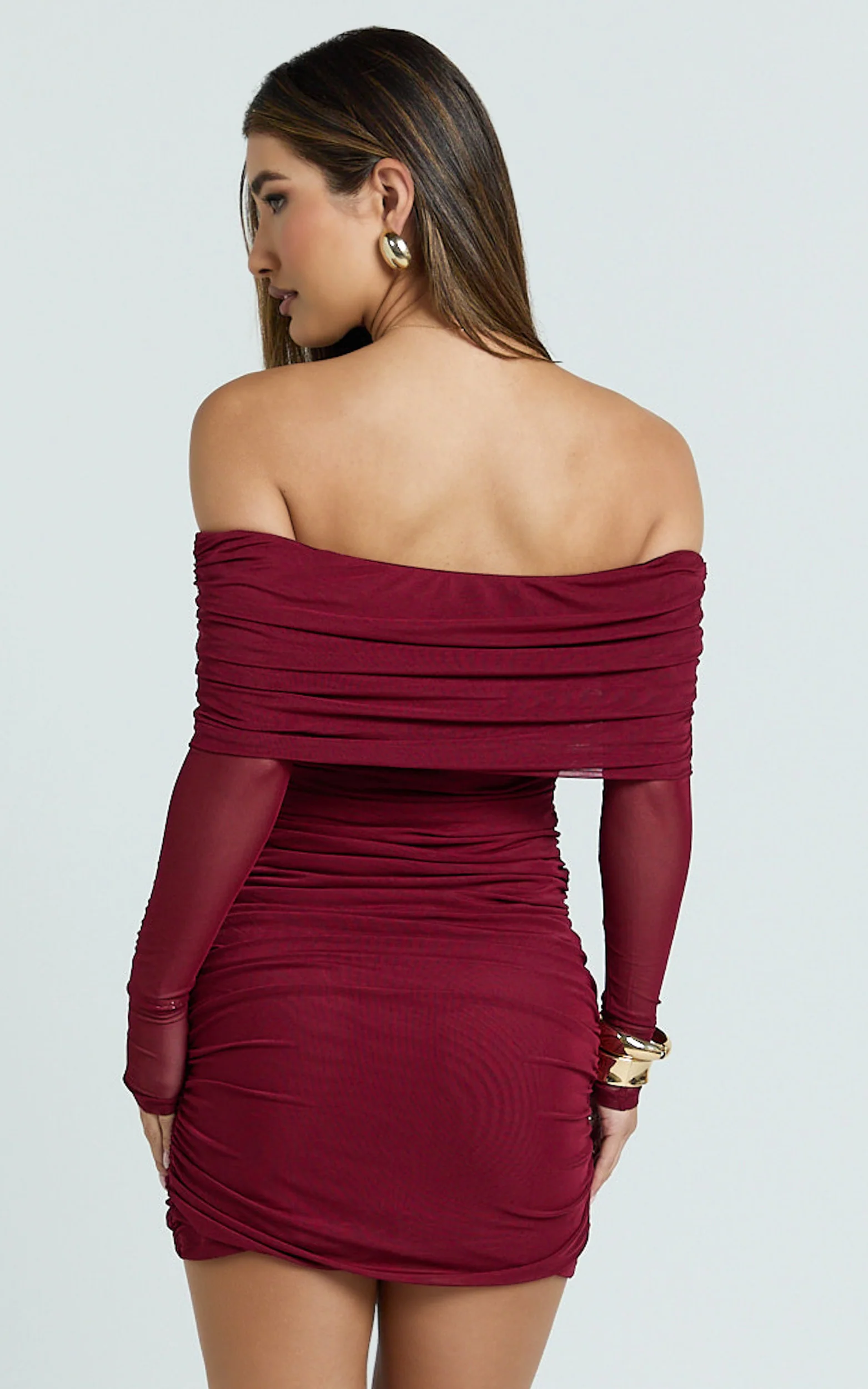 Clyde Mini Dress - Mesh Off Shoulder Ruched Bodycon Dress in Wine