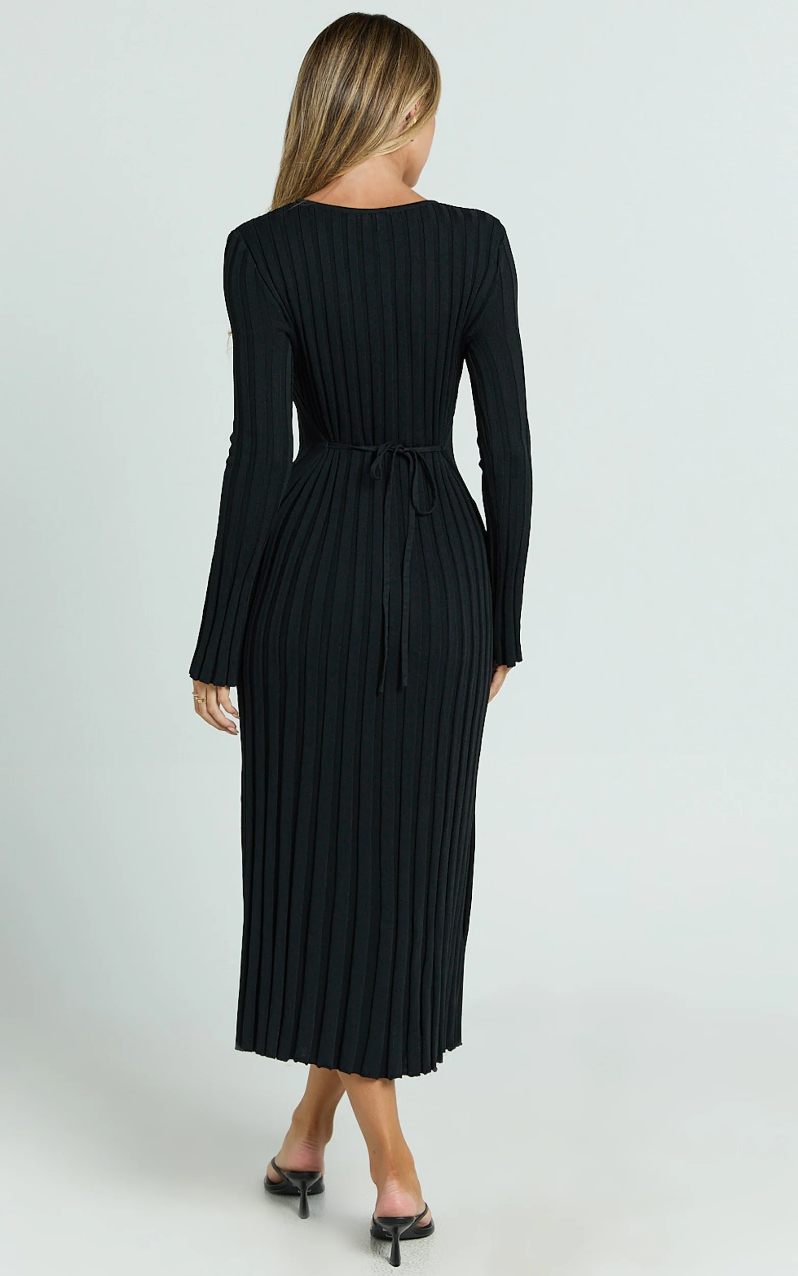 Blaire Midi Dress - Long Sleeve Tie Back Flare Dress in Black