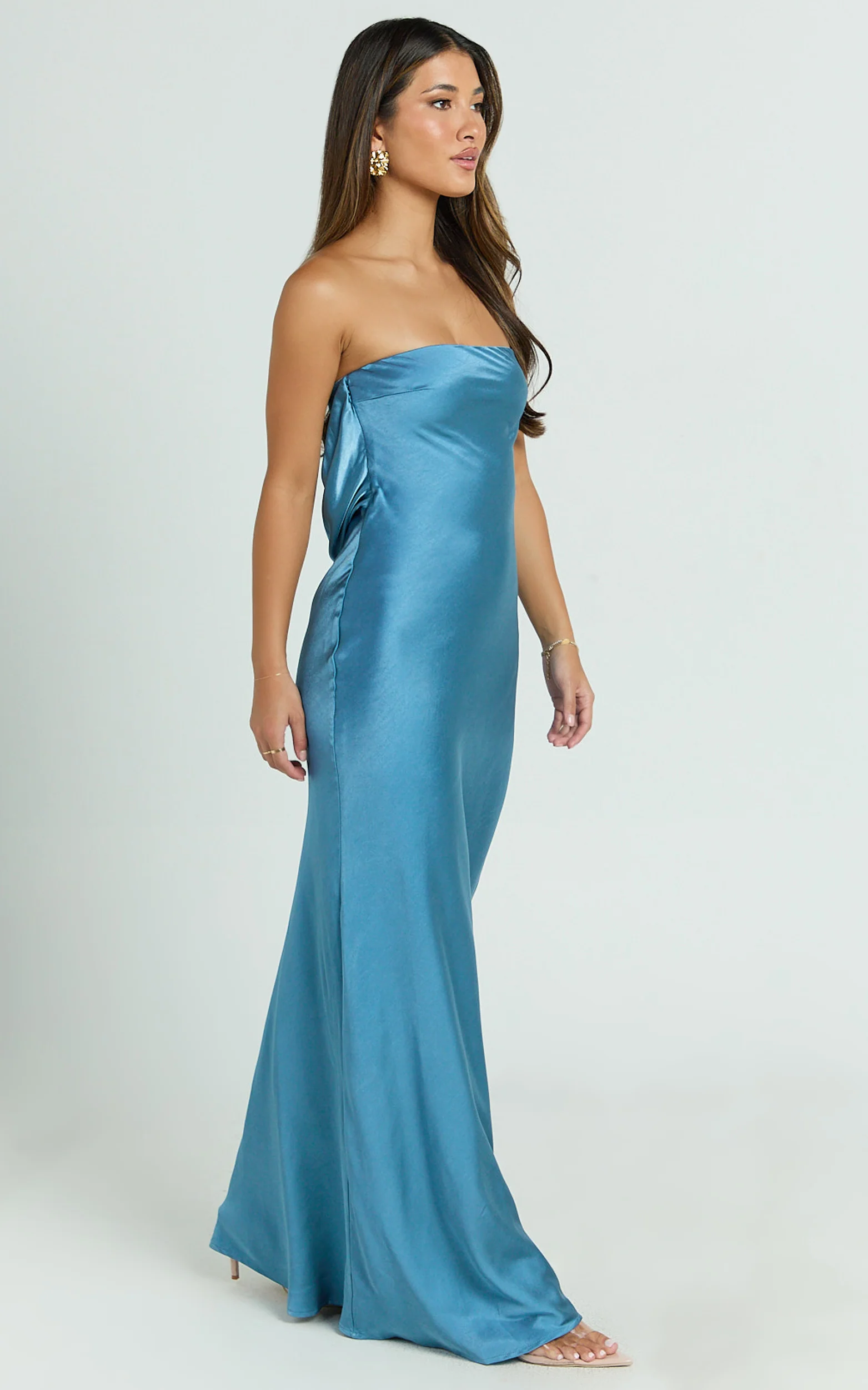 Charlita Maxi Dress - Strapless Cowl Back Satin Dress in Steel Blue