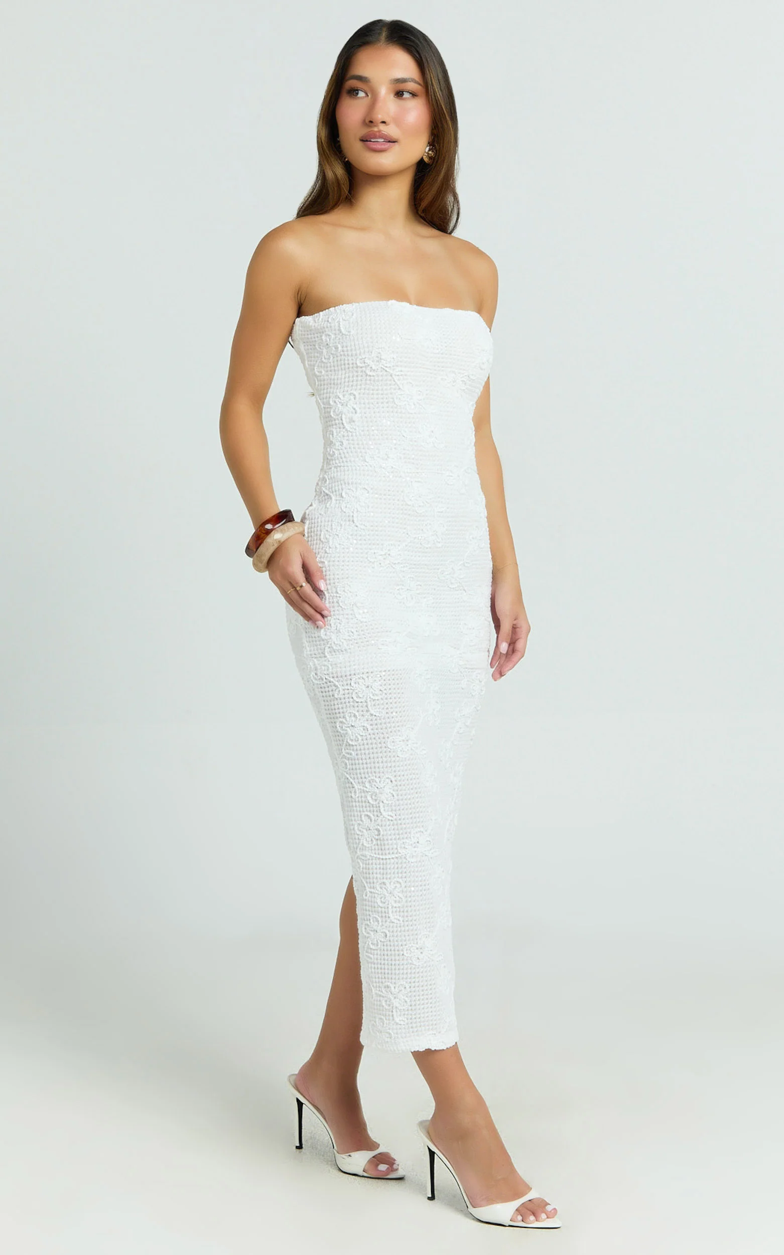 Jamil Midi Dress - Strapless Fitted Jersey Dress in White