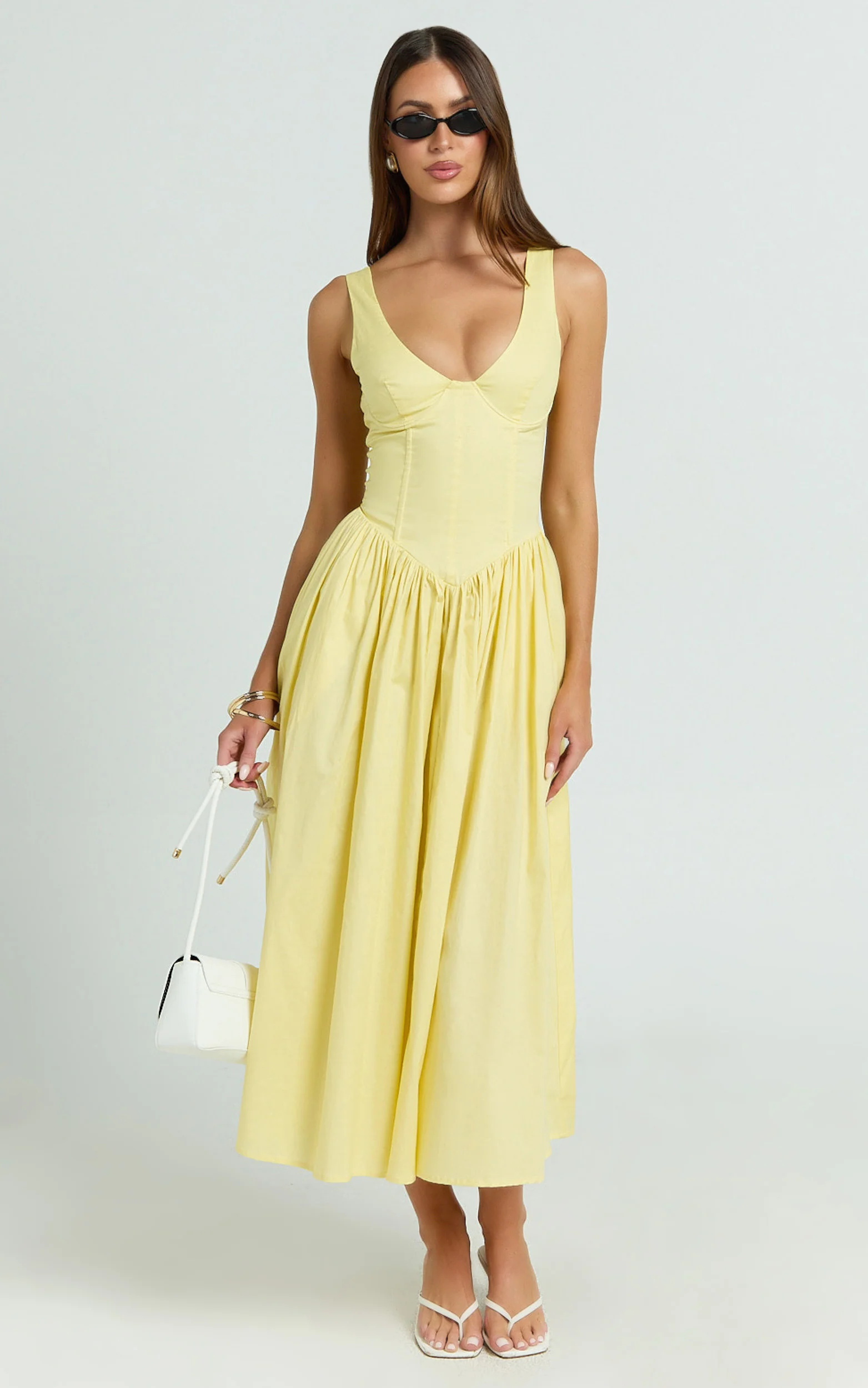 Beckett Midi Dress - Scoop Neck Drop V Waist Gathered Skirt Dress in Butter Yellow