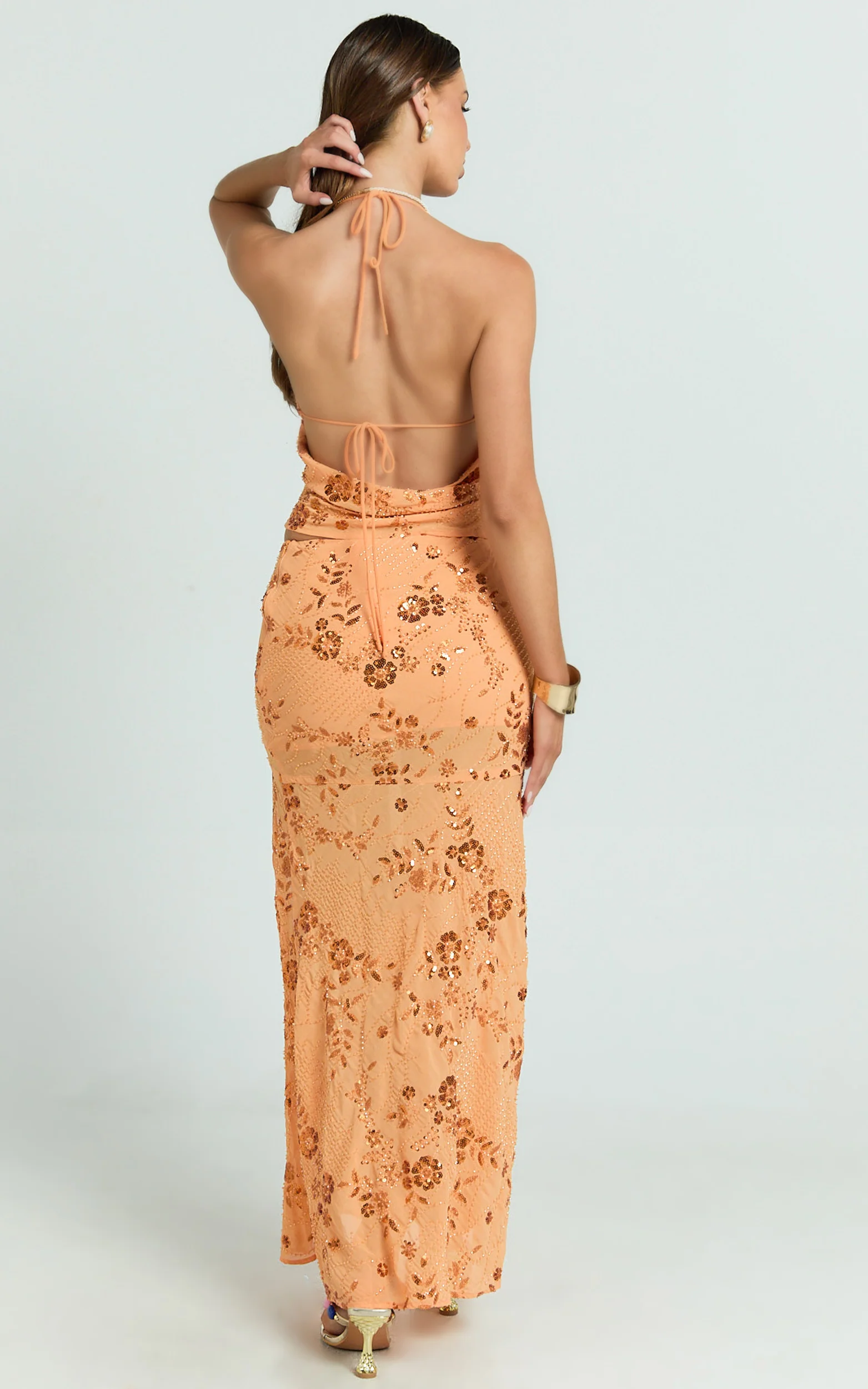 Rowena Maxi Skirt - Low Waisted Beaded Sequin Skirt in Orange