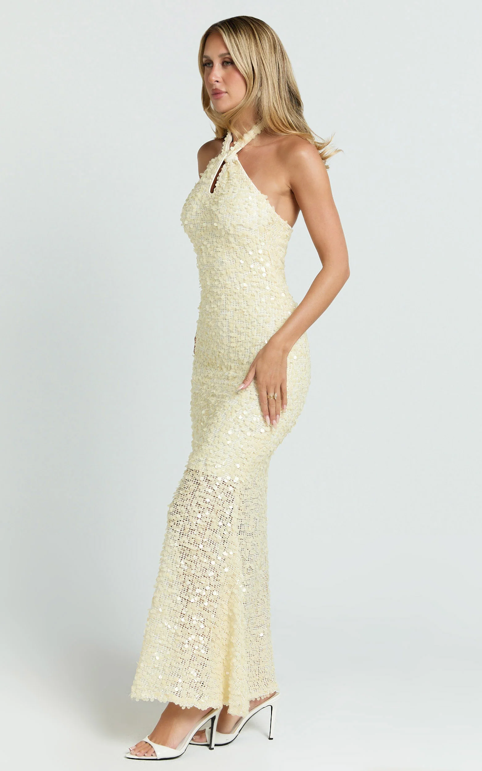 Celeste Maxi Dress - Sequin Halter Low Back Dress in Ivory