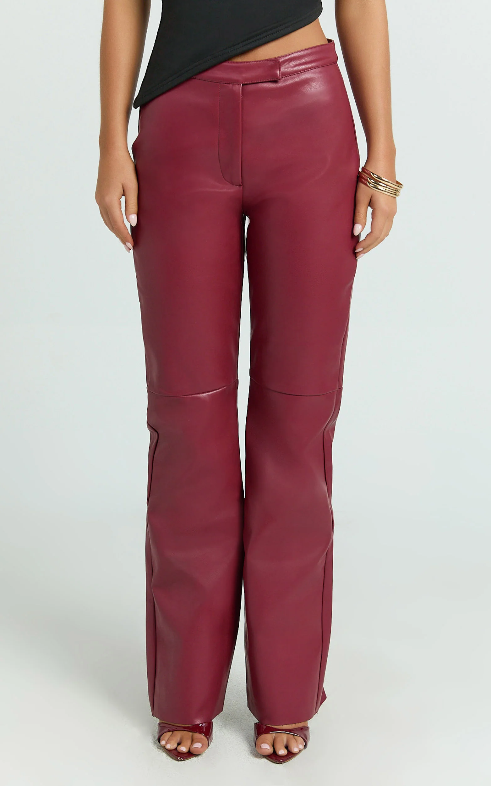 Marzia Pants - Faux Leather Mid Waisted Straight Leg Pants in Wine