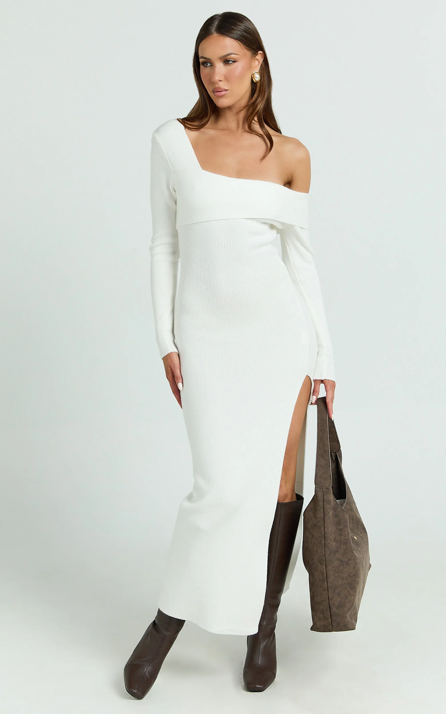 Gladys Maxi Dress - Asymmetric Shoulder Long Sleeve Knit Dress in Cream