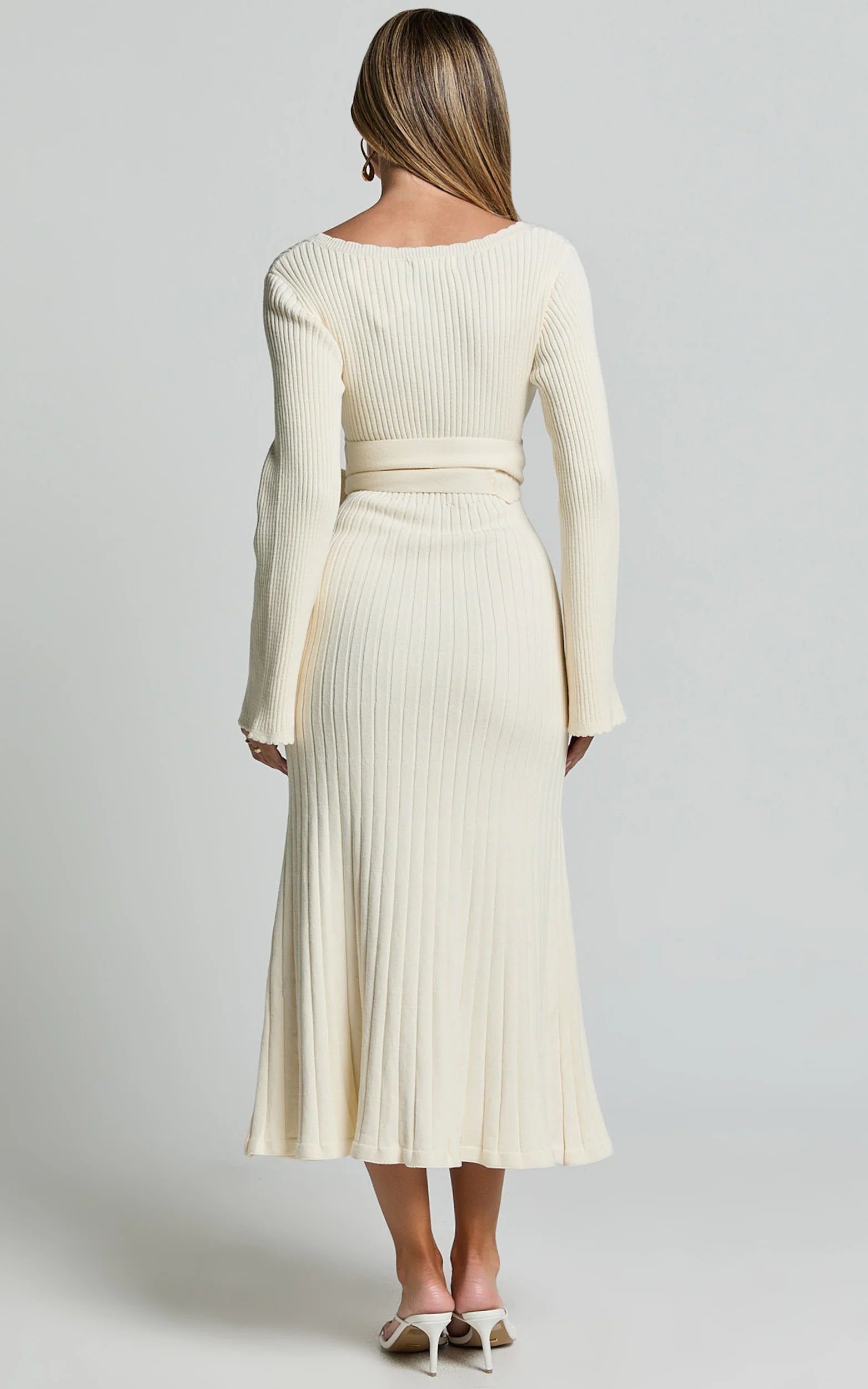 Andreia Midi Dress - Knitted Wrap Long Sleeve Dress in Cream