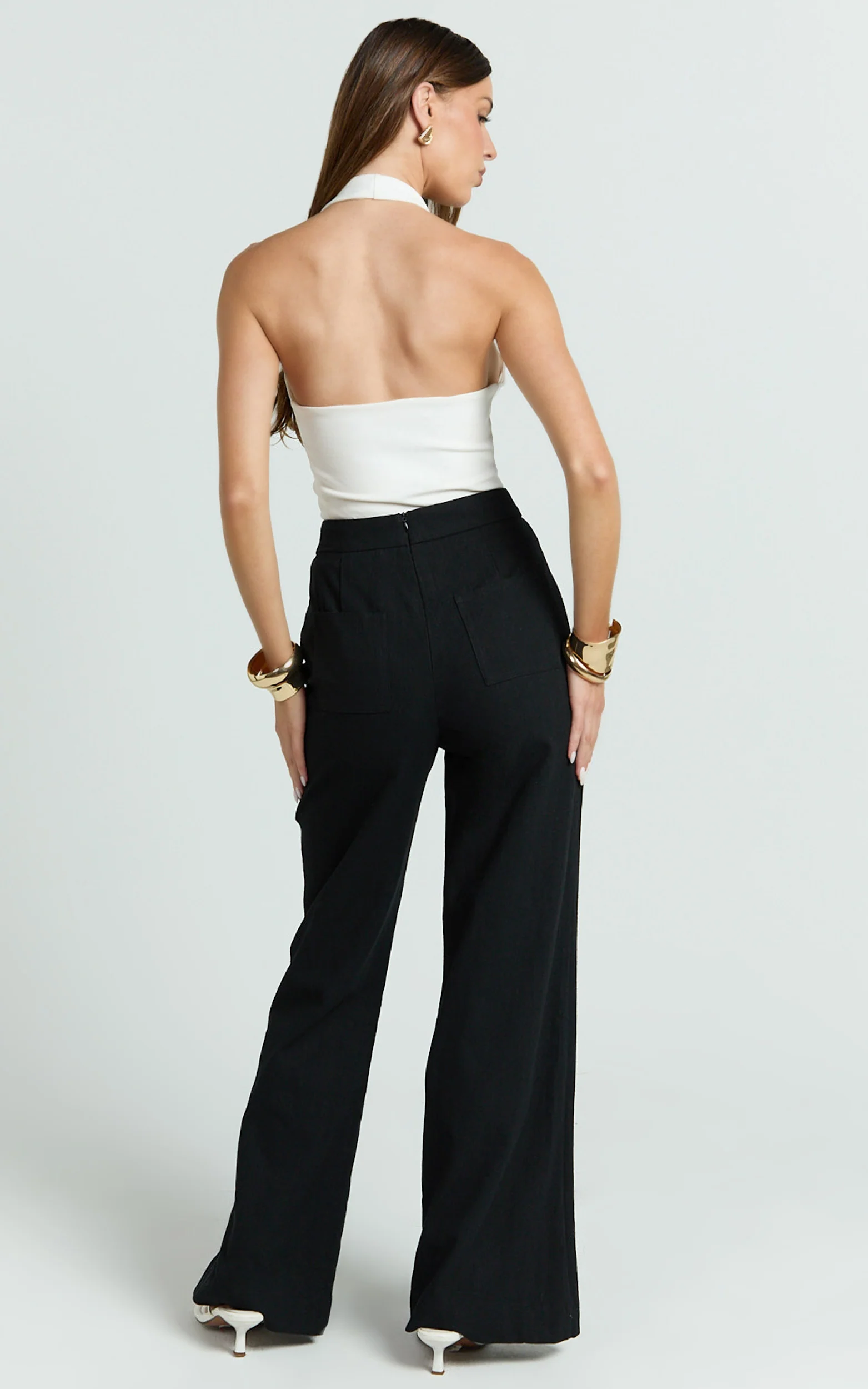Narcisa Pants - Linen Look High Waist Bootleg Pants in Black