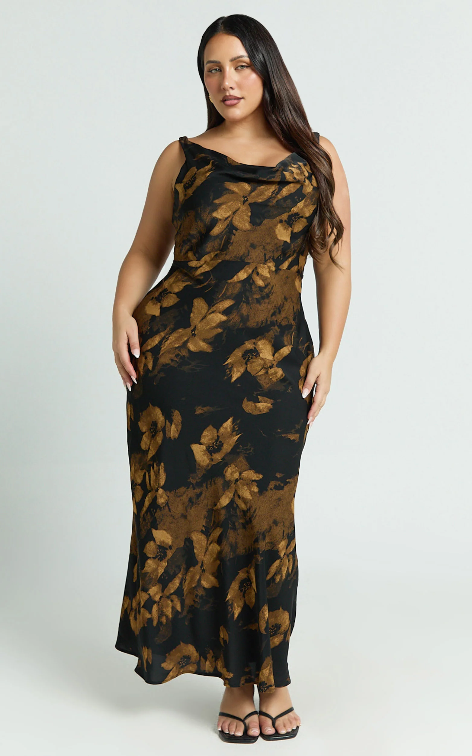 Dara Midi Dress - Low Neck Sleeveless Slip Dress in Amber Floral Print