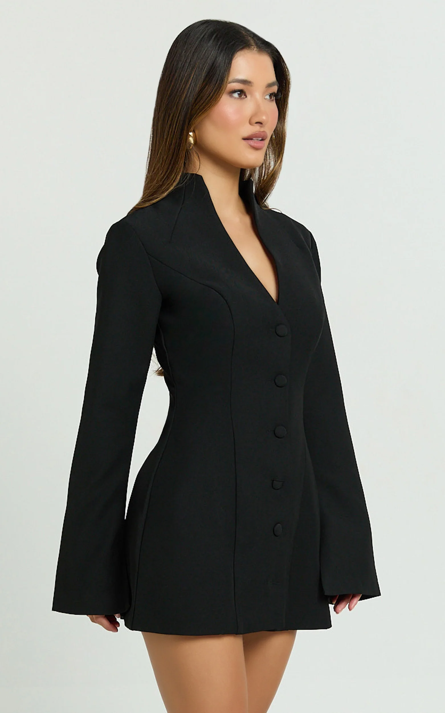 Layton Mini Dress - V Neck Long Sleeve Button Front Tulip Skirt Dress in Black