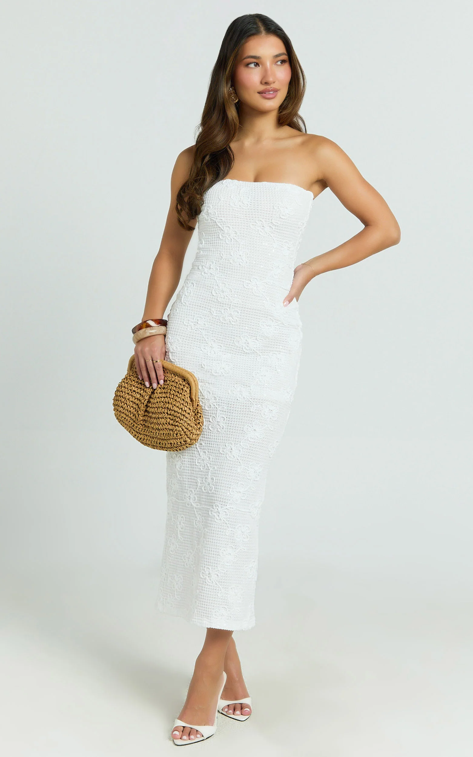 Jamil Midi Dress - Strapless Fitted Jersey Dress in White