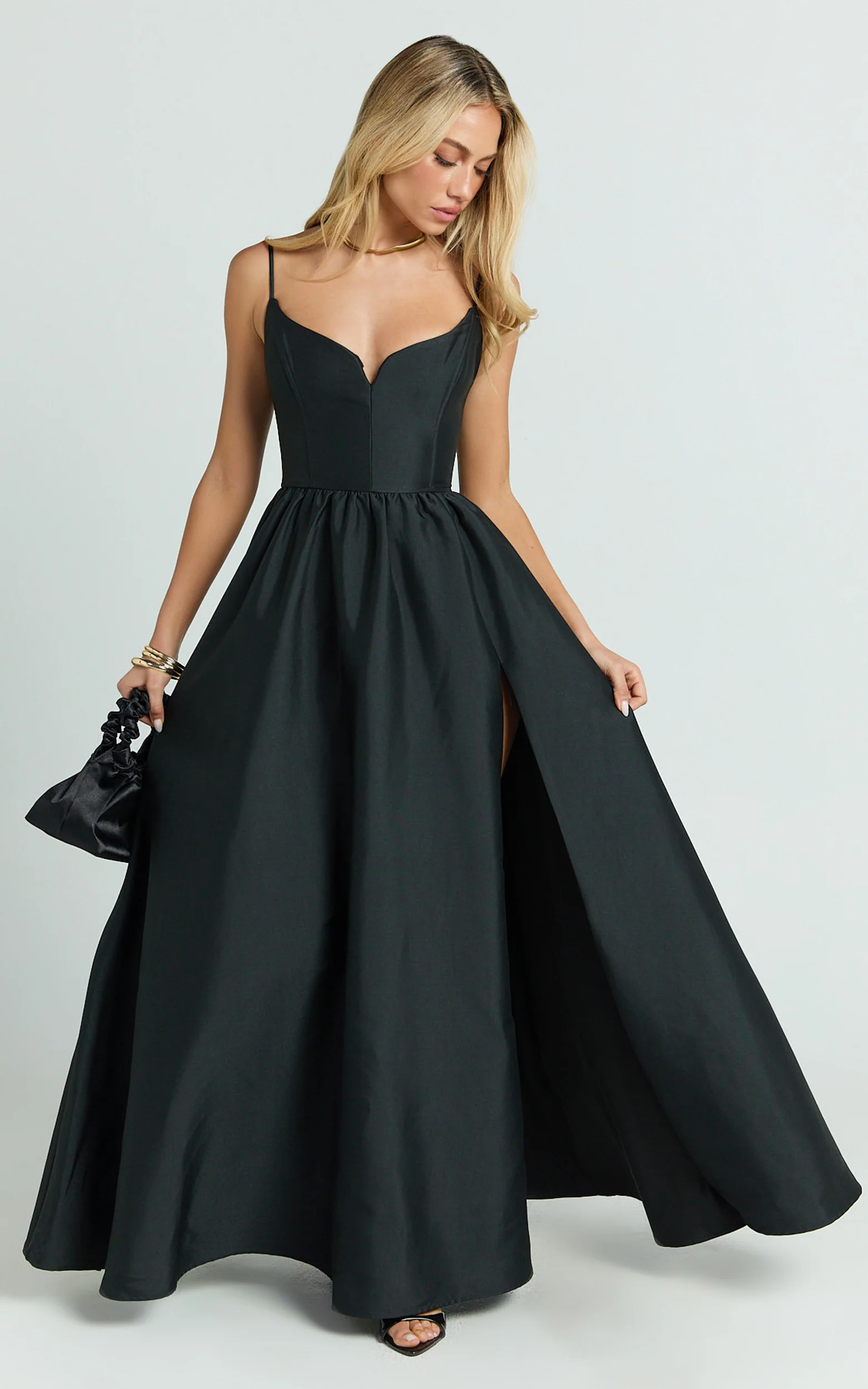 Kali Maxi Dress - Sweetheart Fit And Flare High Split Dress in Black