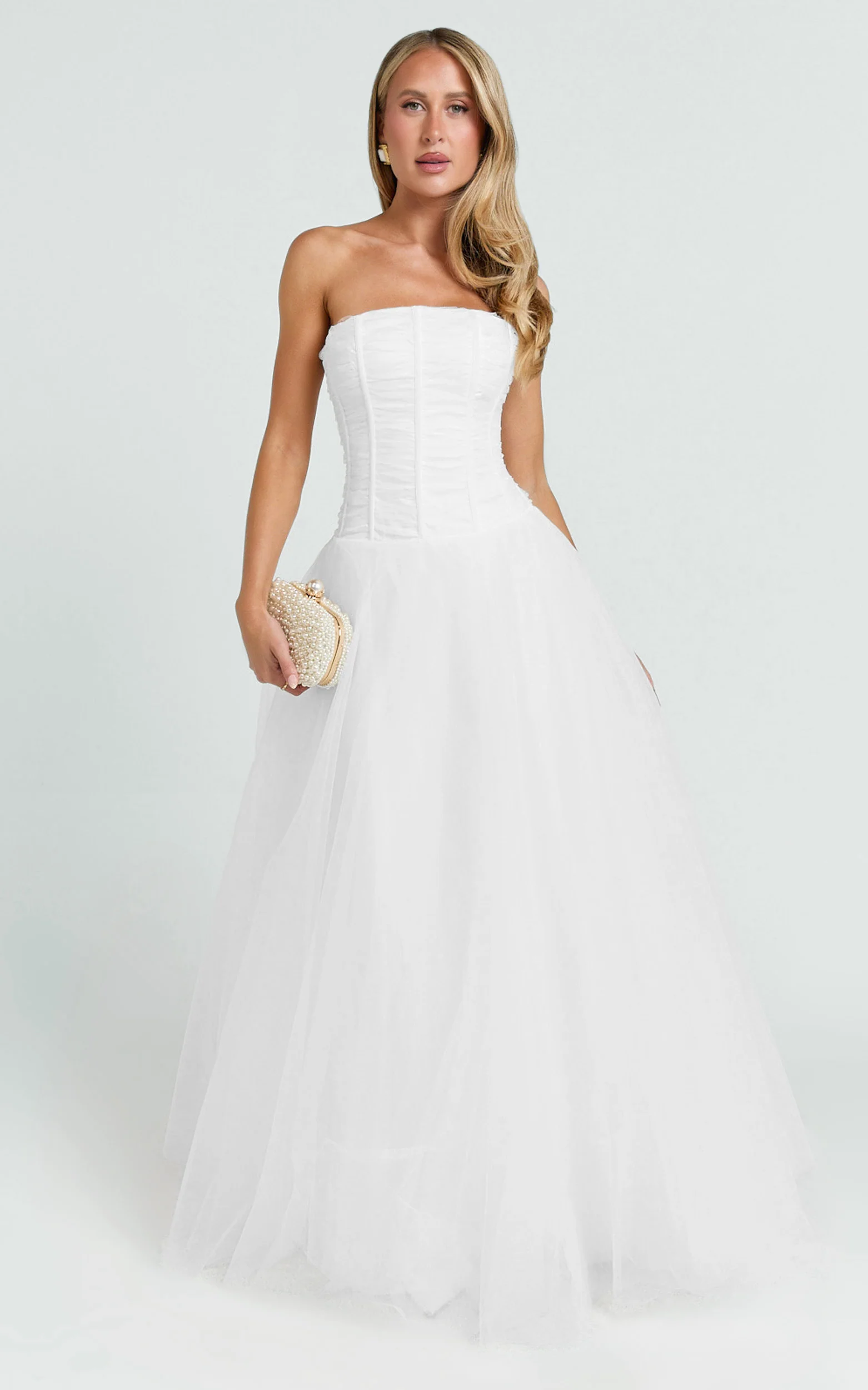 Selene Maxi Dress - Strapless Corset Gathered Skirt Dress in White