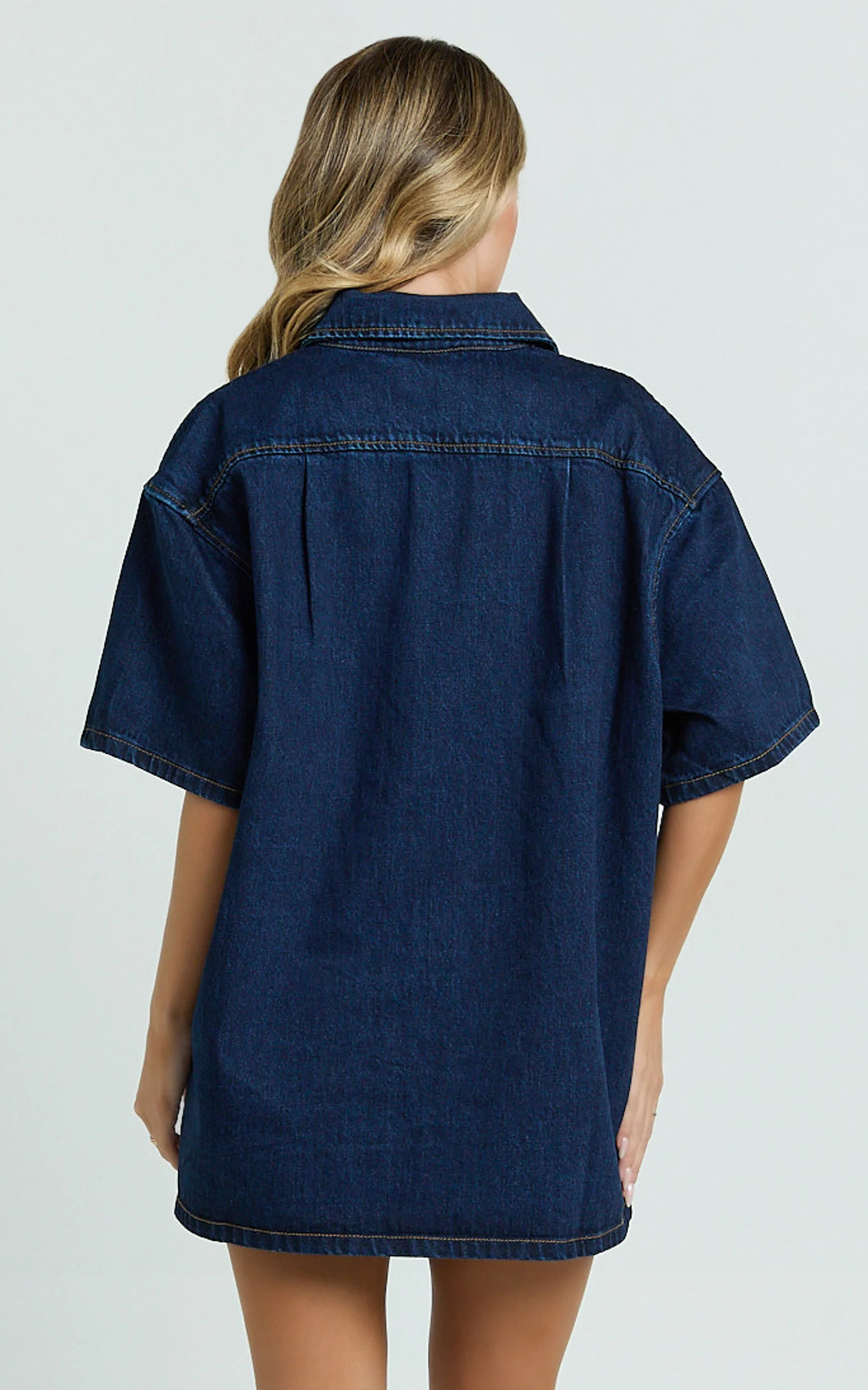 Rhianna Top - Oversized Recycled Denim Hardware Detail Short Sleeve Shirt in Indigo Wash