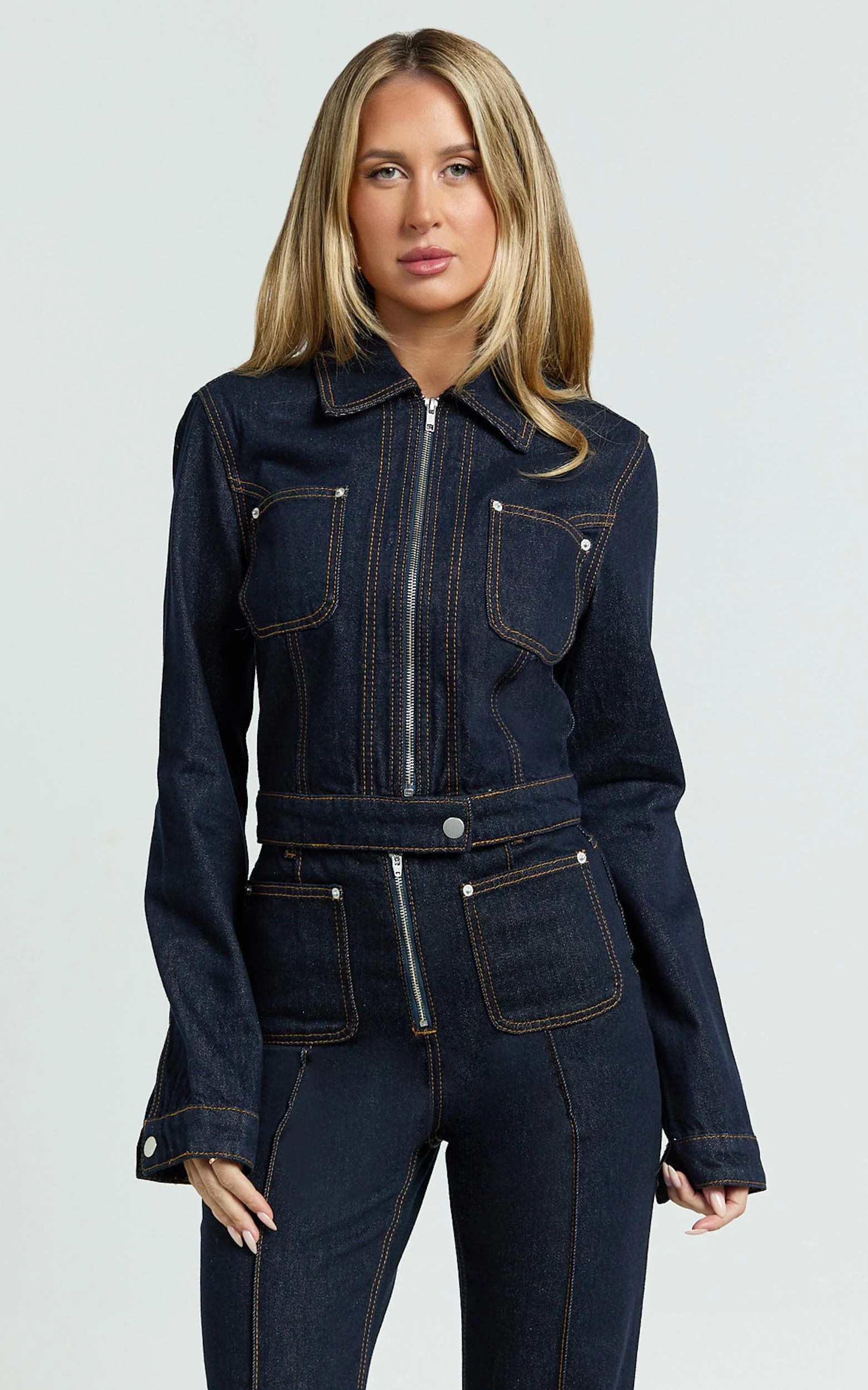 Celia Jacket - Collared Zip Front Crop Fitted Jacket in Dark Blue Wash
