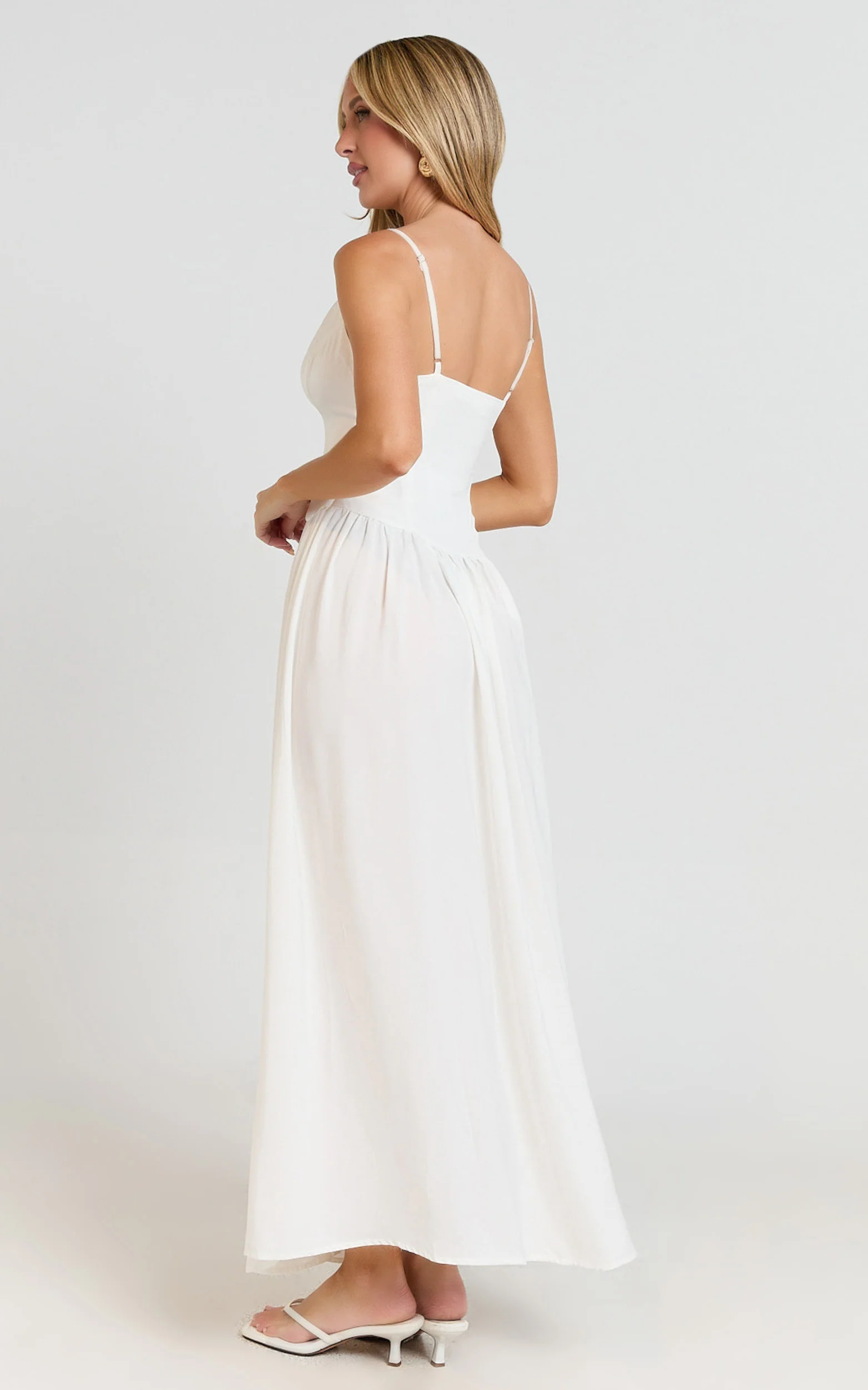 Jamilla Maxi Dress - Plunge Drop Waist High Leg Split Dress in Off White