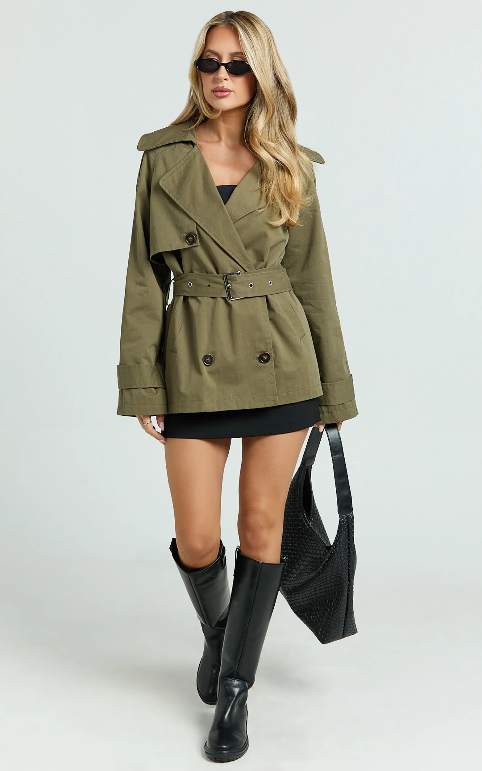 Vicky Jacket - Short Belted Trench Coat in Olive
