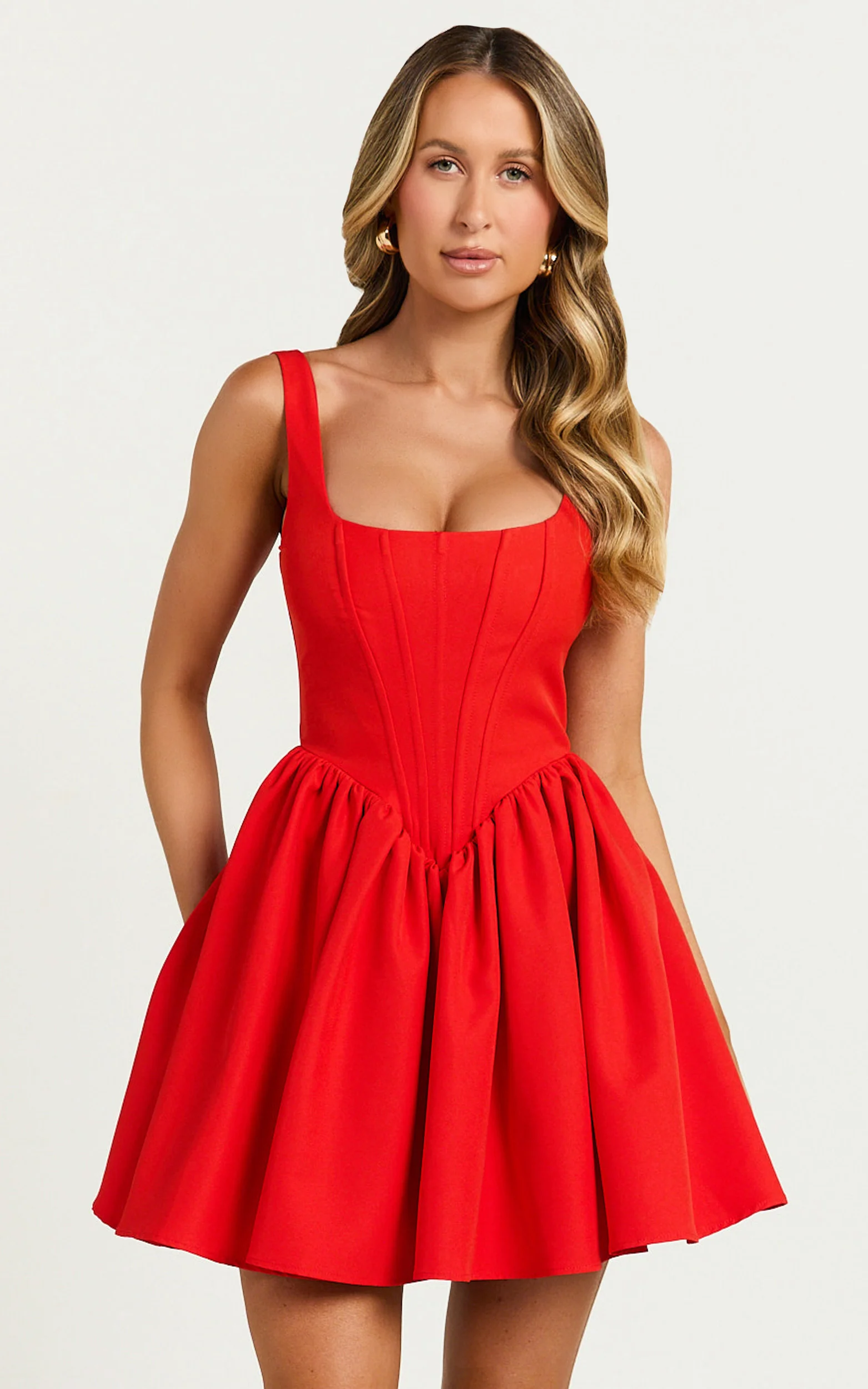Aimee Mini Dress - Scoop Neck Corset Gathered Dress in Red