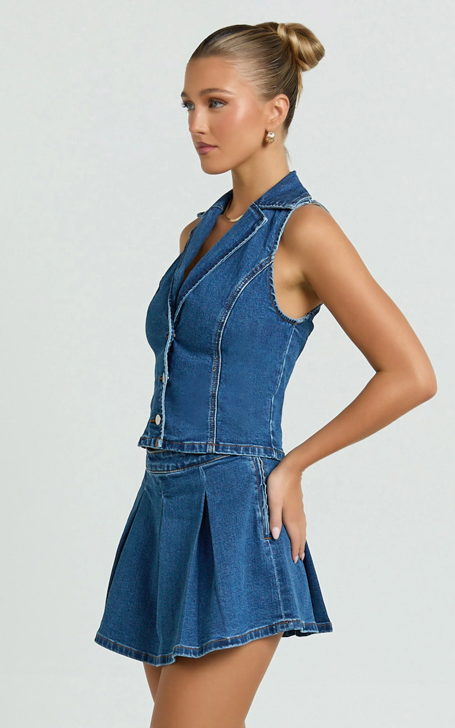 Nikita Mini Skirt - Mid Waisted Denim Box Pleat Skirt in Dark Blue Wash