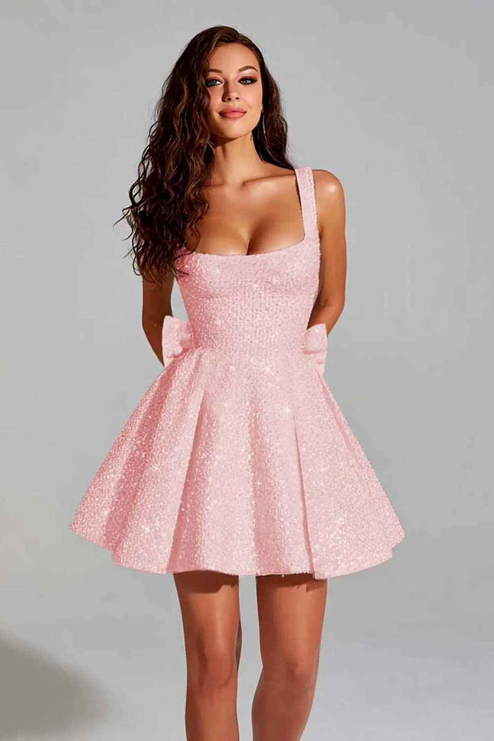 Sparkly Fuchsia Sequin A Line Scoop Short Homecoming Dress with Bow