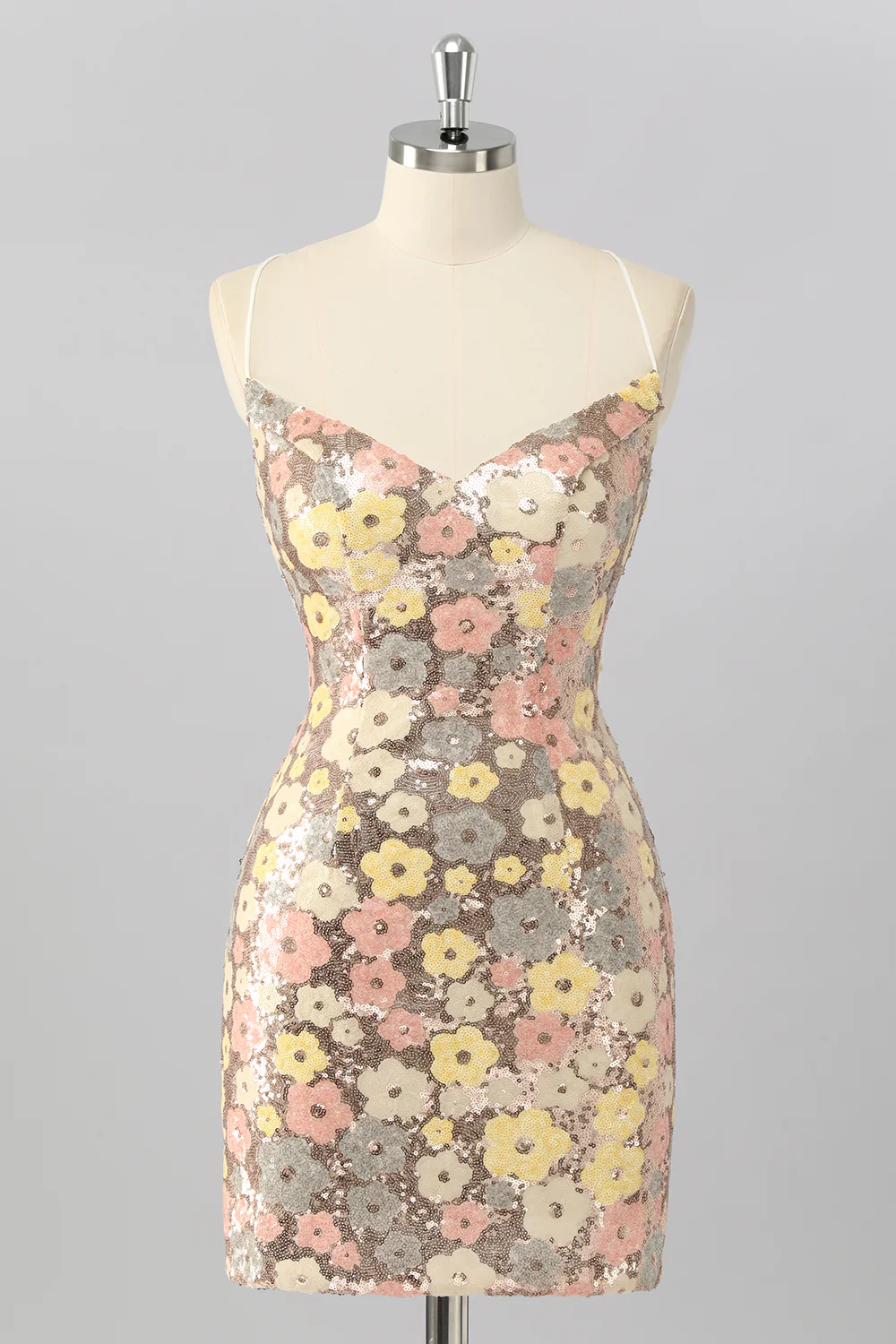 Sparkly Yellow Sequin Floral Backless Tight Short Homecoming Dress