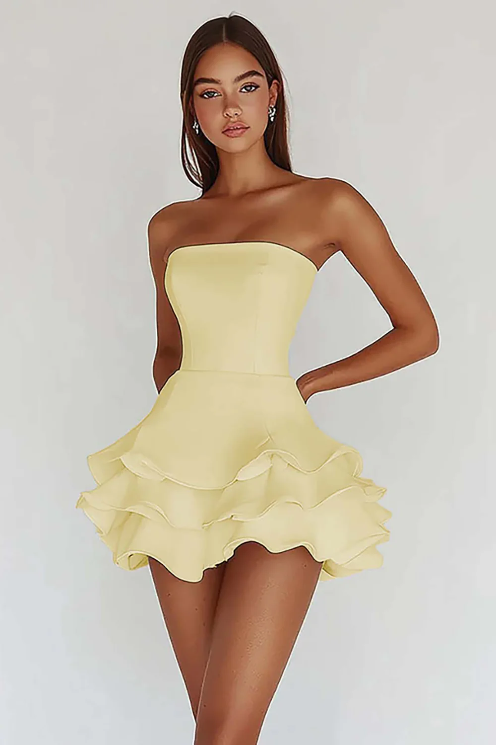 Satin White A Line Strapless Graduation Homecoming Dress with Ruffles