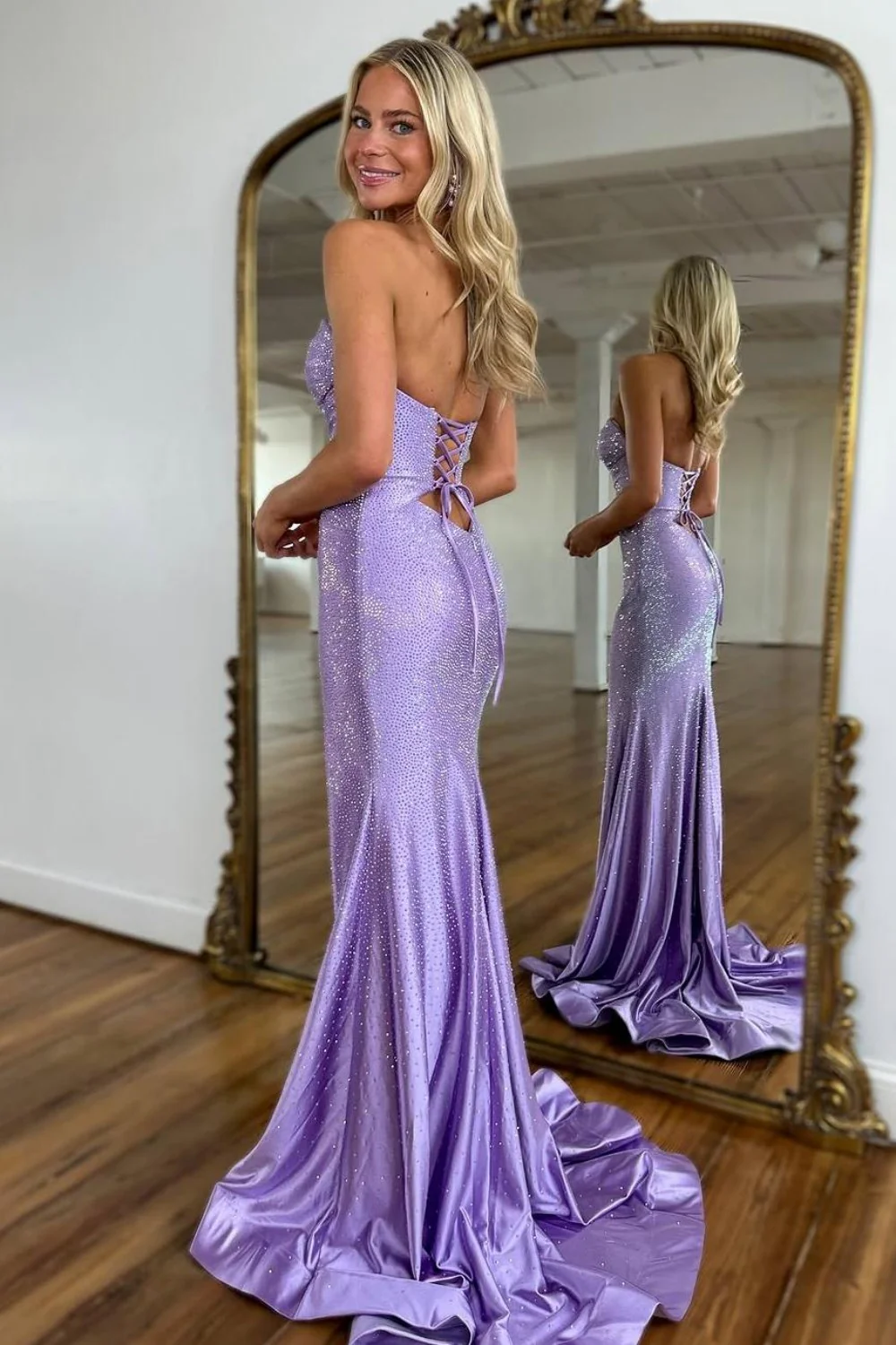Cute Hot Pink Mermaid Strapless Long Beaded Prom Dress with Slit